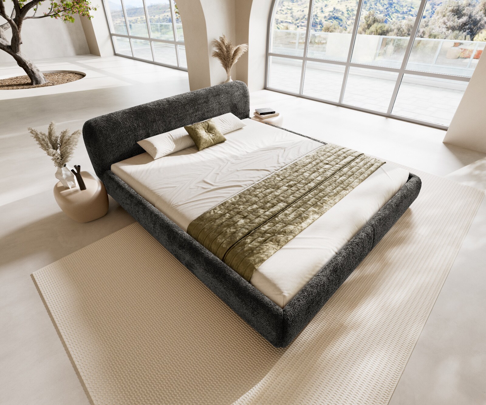 Cadre-de-lit rembourré Shona 180x200 cm tissu Teddy gris 3 Cadre-de-lit rembourré Shona 180x200 cm tissu Teddy gris 3