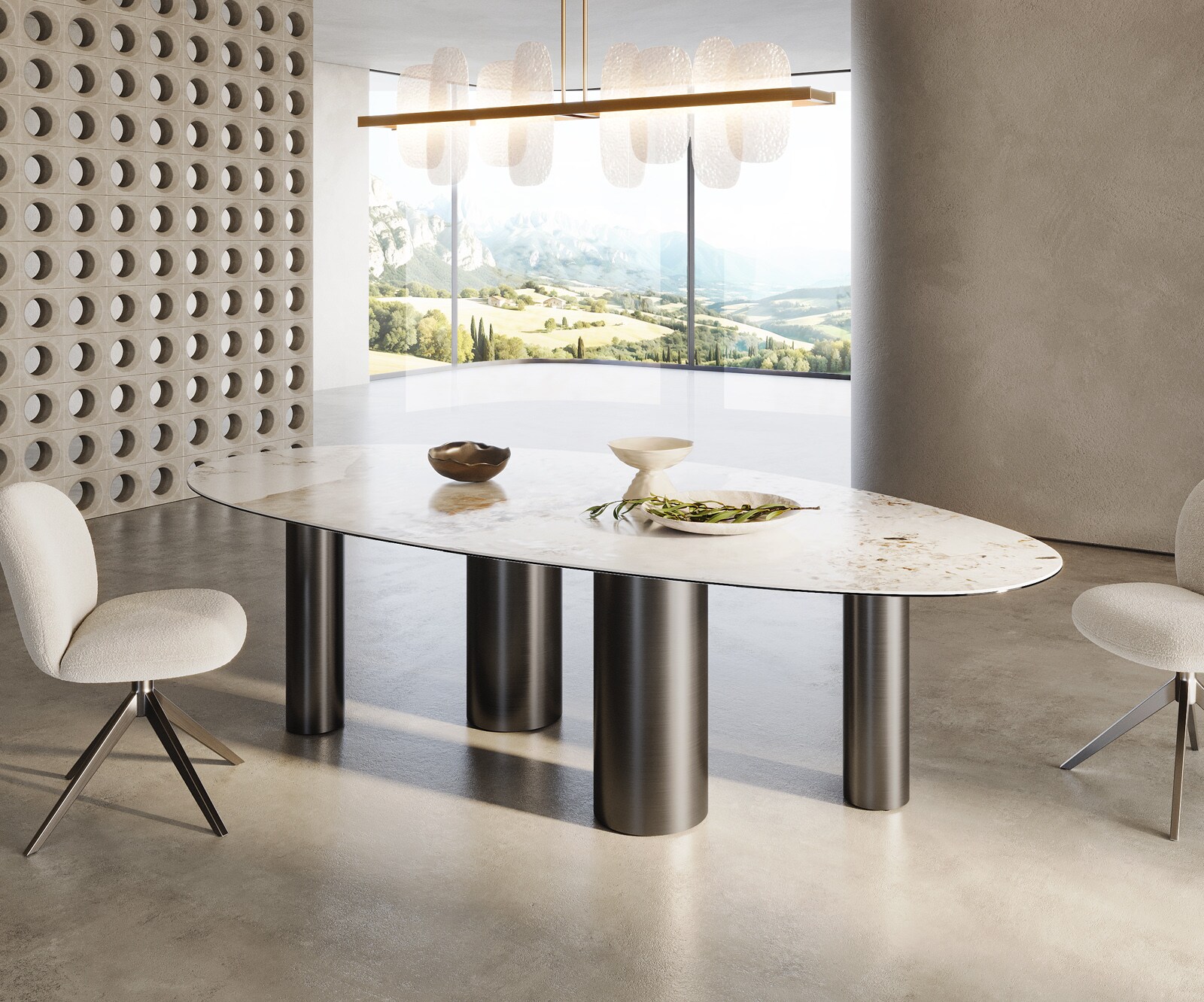 Table à manger Edge Ovale 280x130 Céramique Minas Melange Blanc-Beige Pilier Acier inoxydable Graphite 4