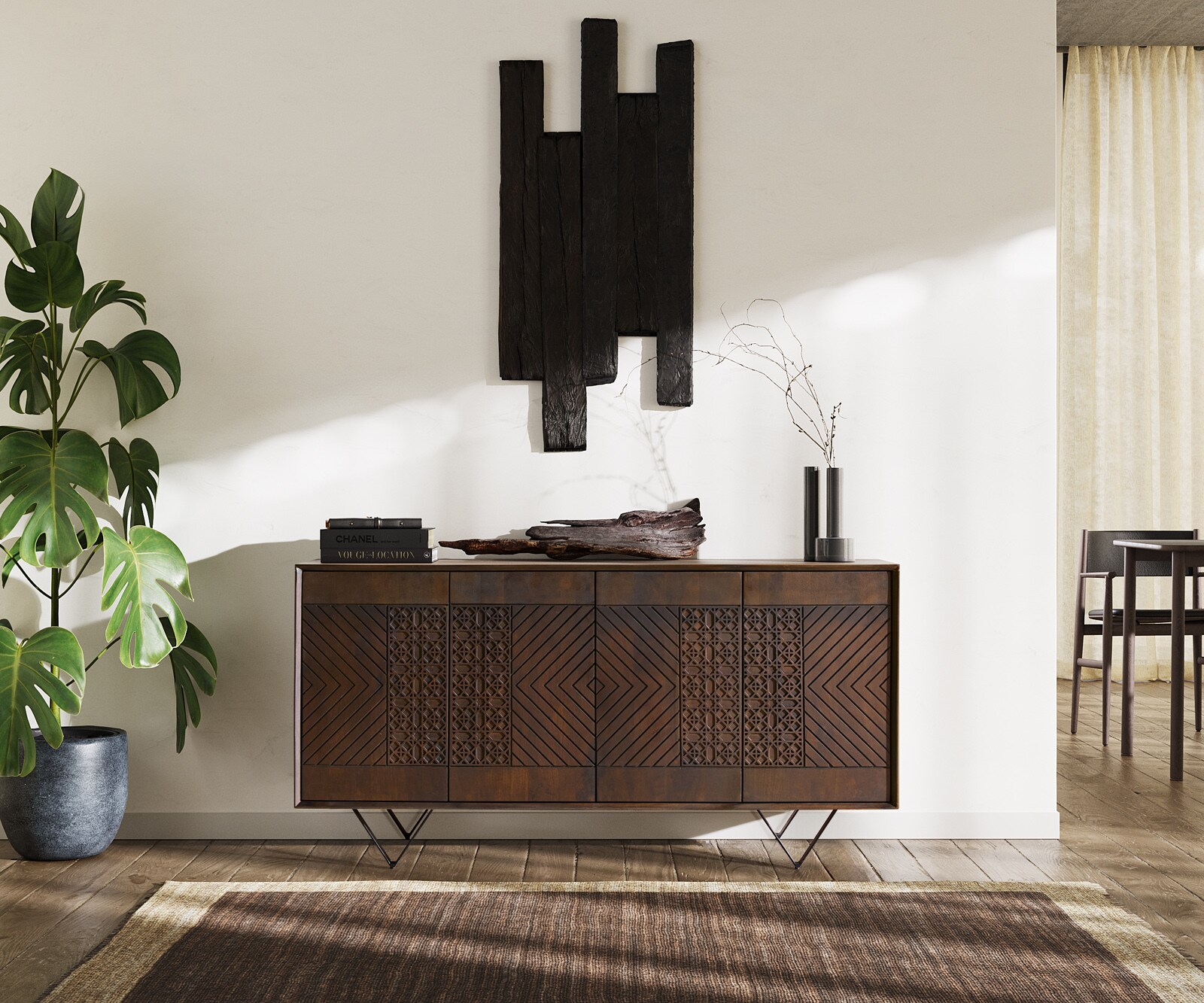 Buffet Manjula 145 cm Manguier marron 4 portes Pied en V métal noir 1