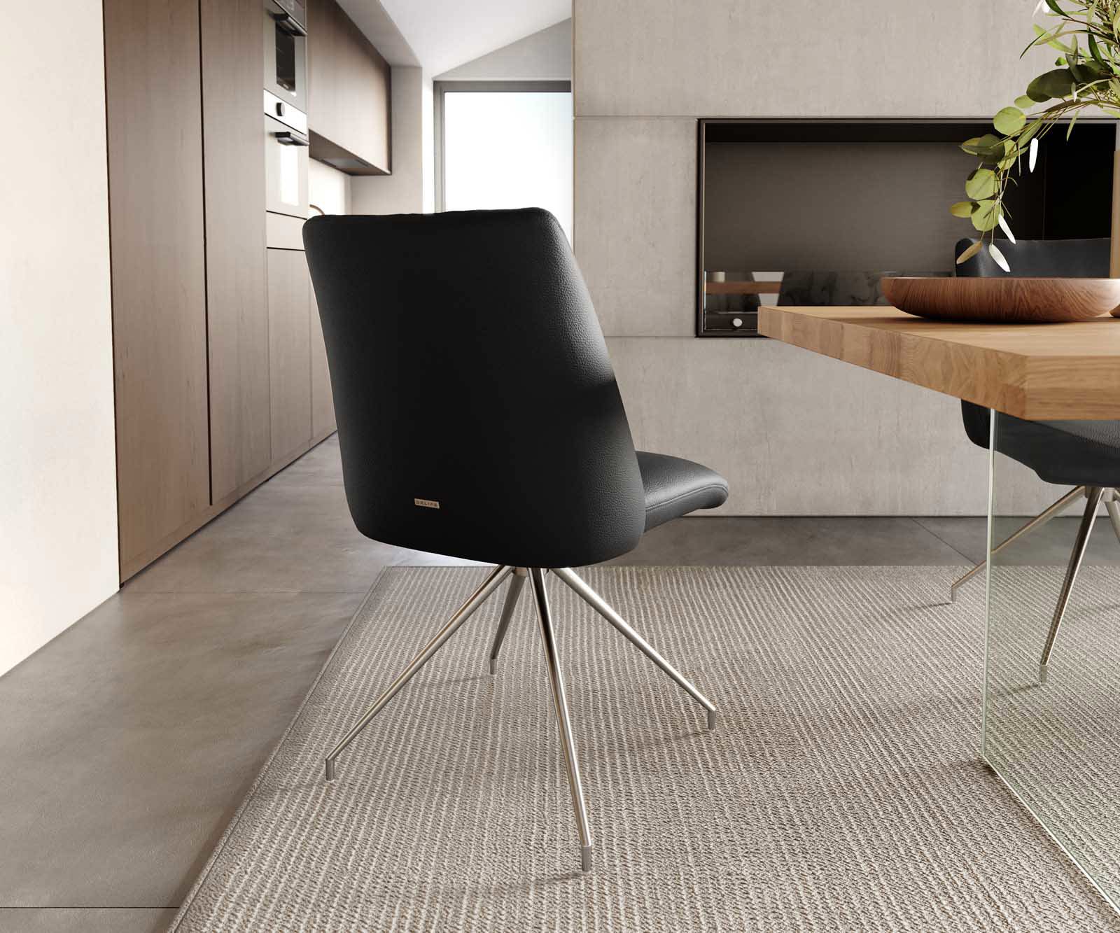 Chaise-pivotante Elso-Flex cuir de vache noir pied croisé conique acier inoxydable brossé pivotement sur 180° ressorts ensachés 3