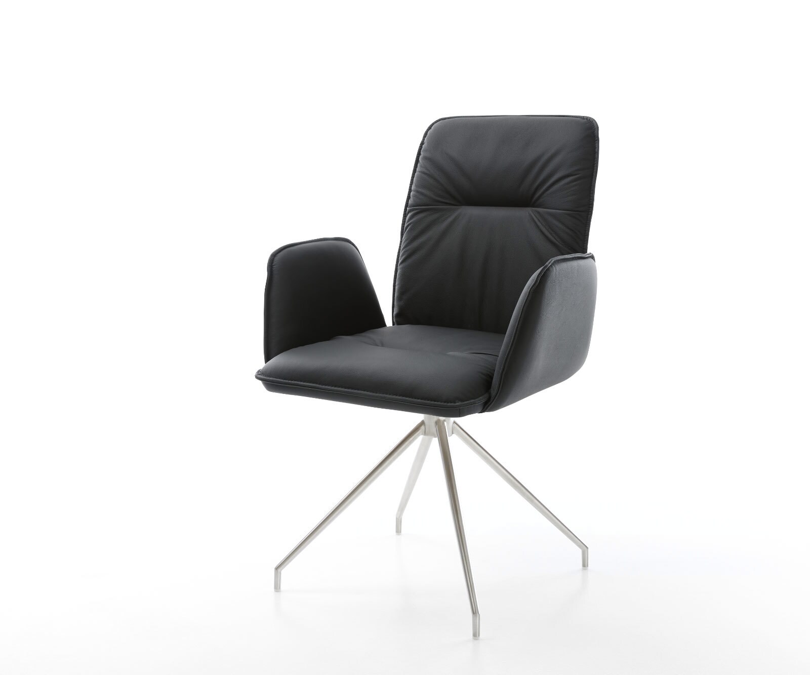Chaise-de-salle-à-manger Vinja-Flex cuir de vache noir pied croisé conique acier inoxydable brossé