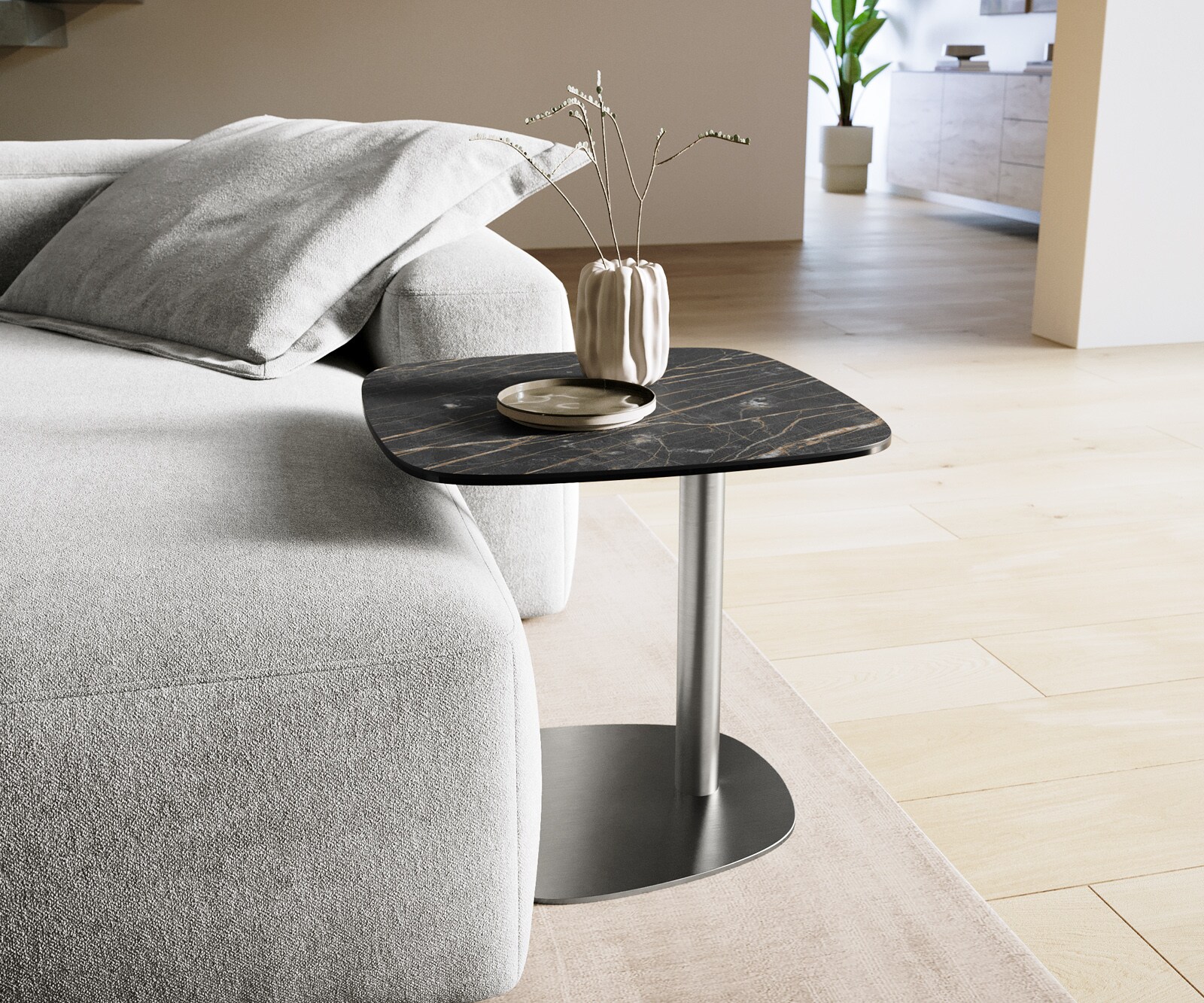 Table basse Edge Boot 50x50 cm céramique Laminam® Noir Desir brun Eleny acier inoxydable brossé 2