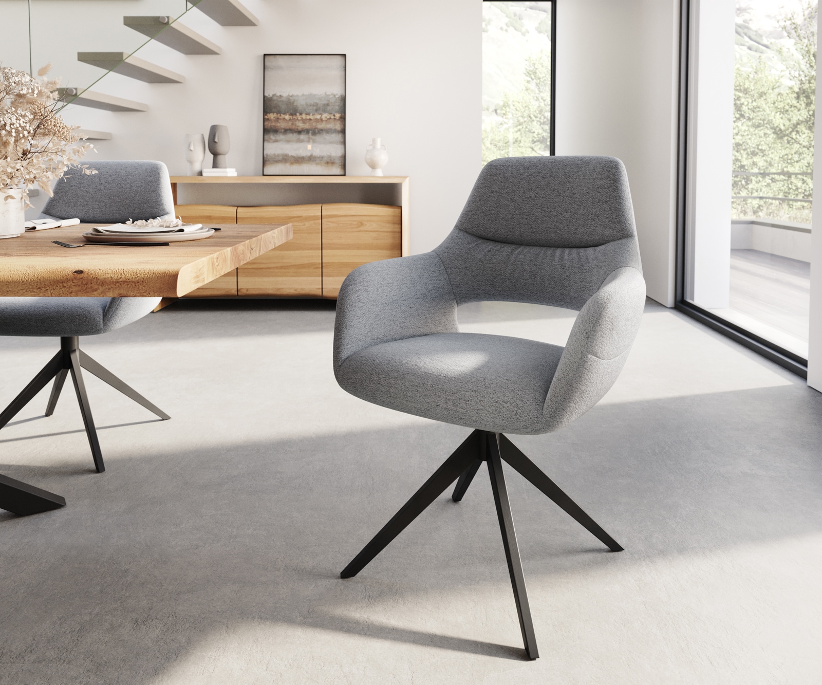 Chaise-de-salle-à-manger Yago-Flex avec accoudoirs tissu texturé gris clair pied croisé large noir ressorts ensachés Chaise-de-salle-à-manger Yago-Flex avec accoudoirs tissu texturé gris clair pied croisé large noir ressorts ensachés