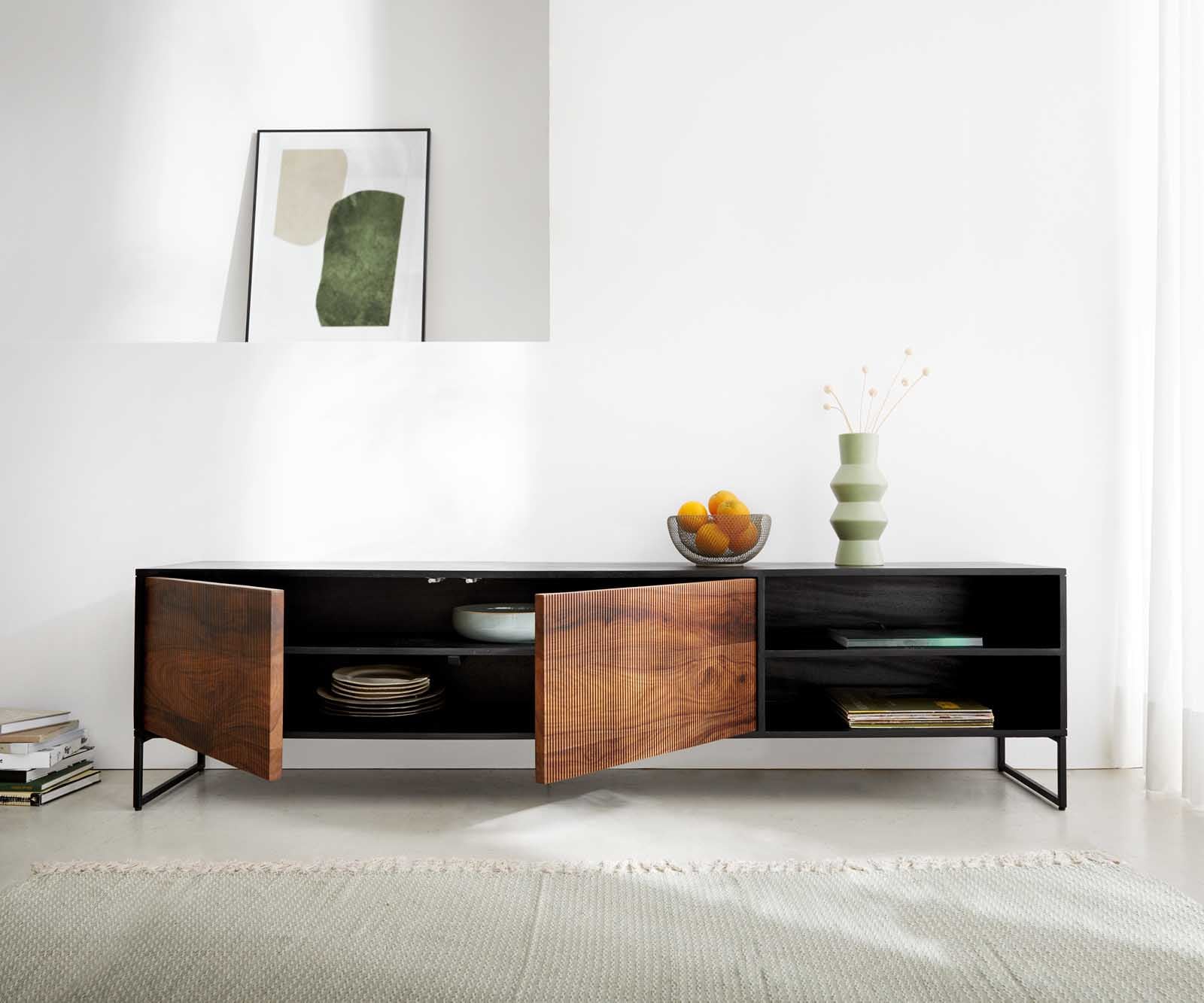 Meuble-TV Vaag 200 cm Sheesham naturel mangue noir 2 portes 2 compartiments 7