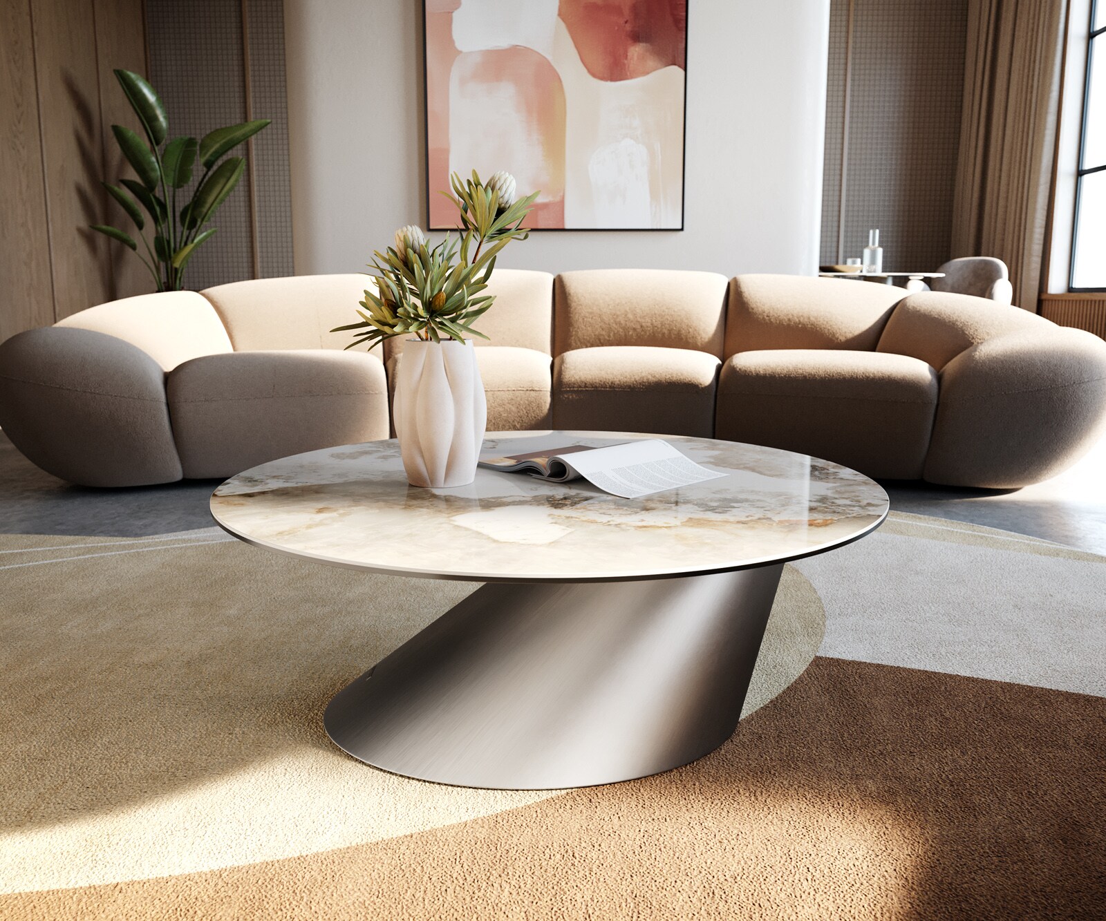 Table basse Edge rond 90x90 cm céramique Minas Melange Conis acier inoxydable brossé 4