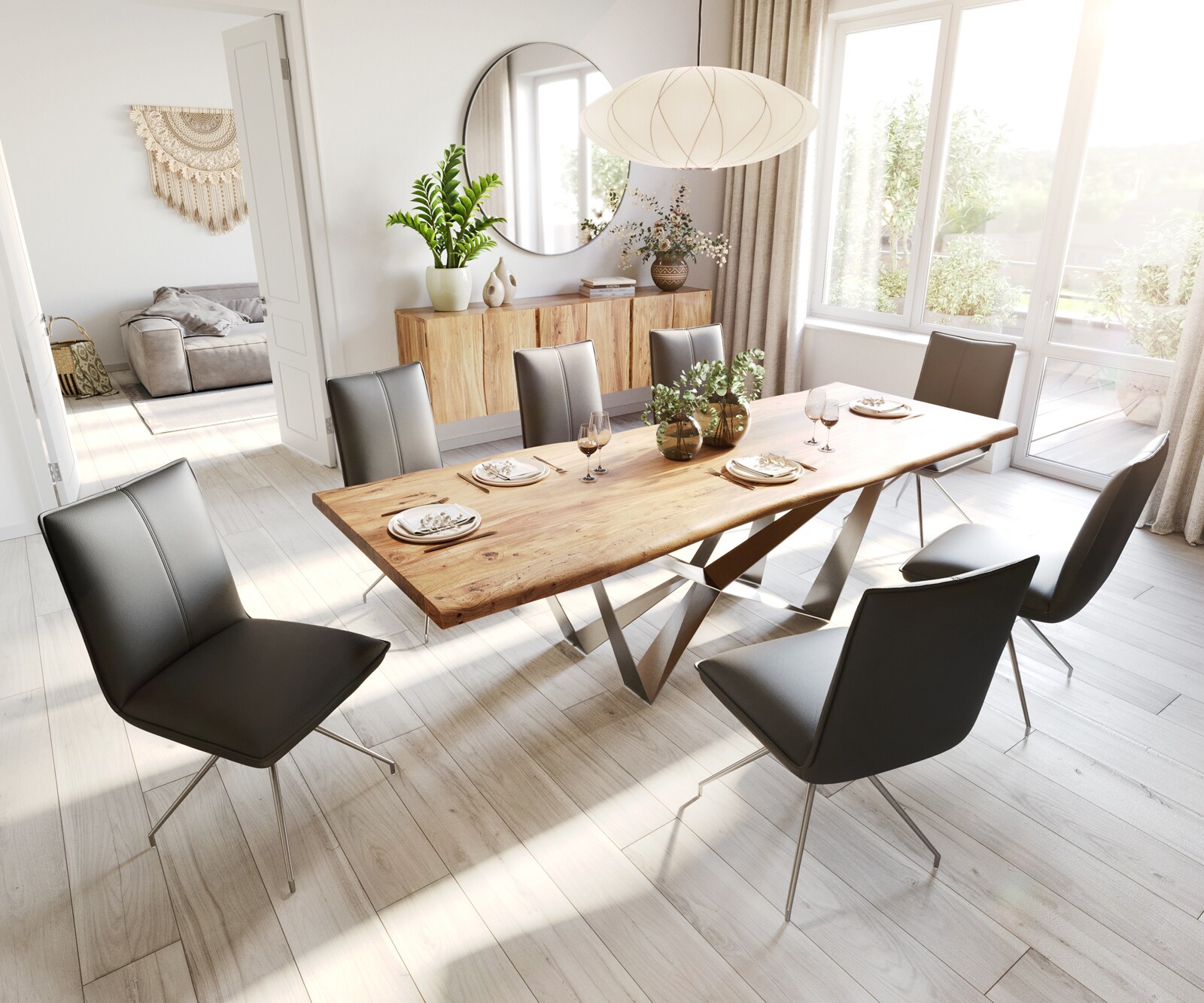 Chaise-de-salle-à-manger Lelio-Flex cuir de vache noir pied croisé conique acier inoxydable brossé ressorts ensachés 3 Chaise-de-salle-à-manger Lelio-Flex cuir de vache noir pied croisé conique acier inoxydable brossé ressorts ensachés 3