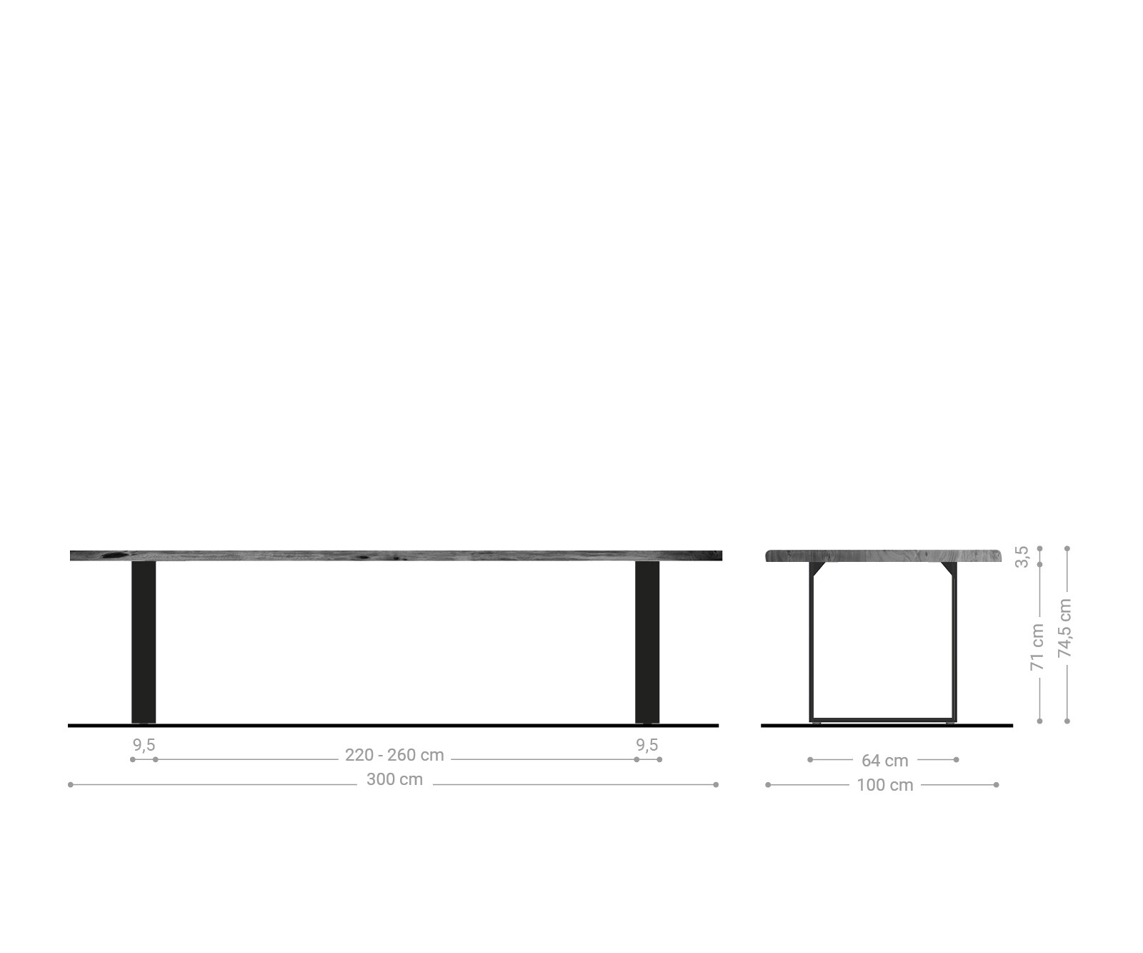 Table-à-manger Edge 300x100 acacia marron acier inoxydable mince Live-Edge 4 Table-à-manger Edge 300x100 acacia marron acier inoxydable mince Live-Edge 4