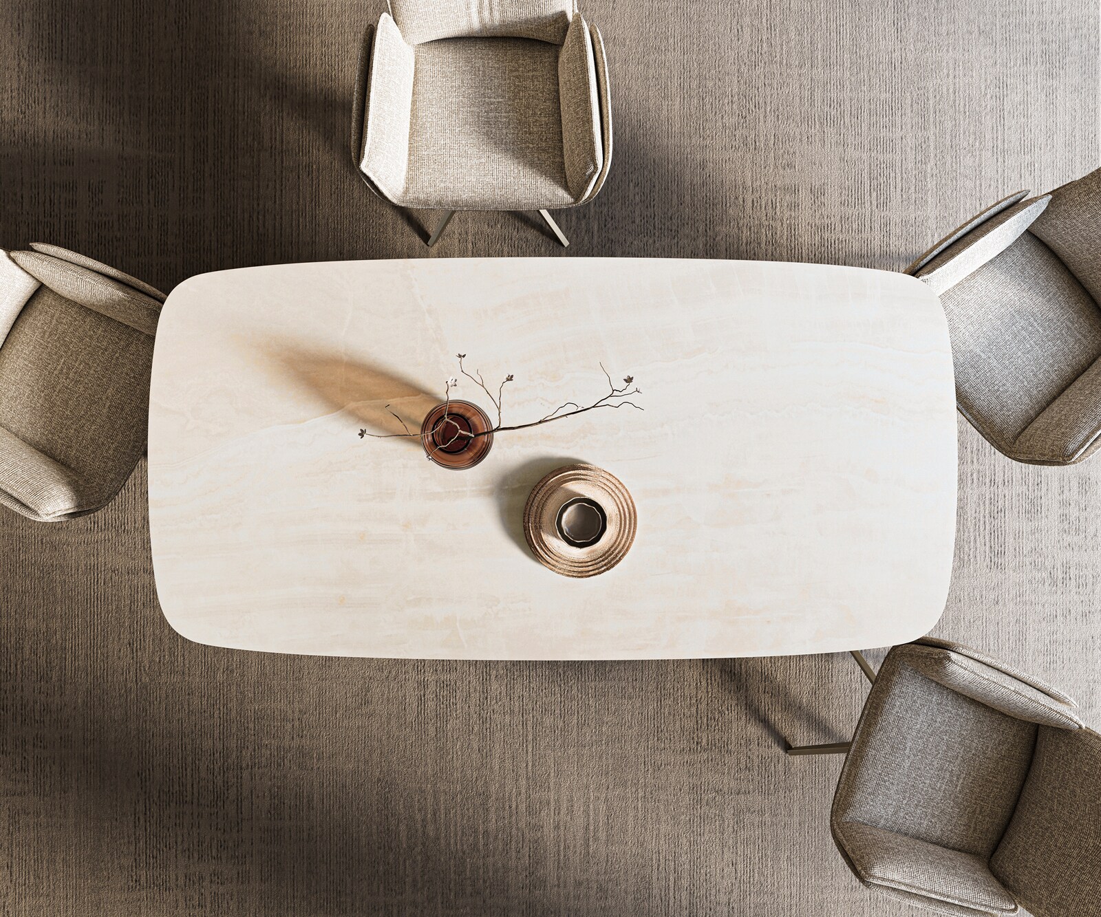 Table à manger Edge bateau 200x100 cm céramique Onyx Champagne piètement en W métal finition effet titane 6