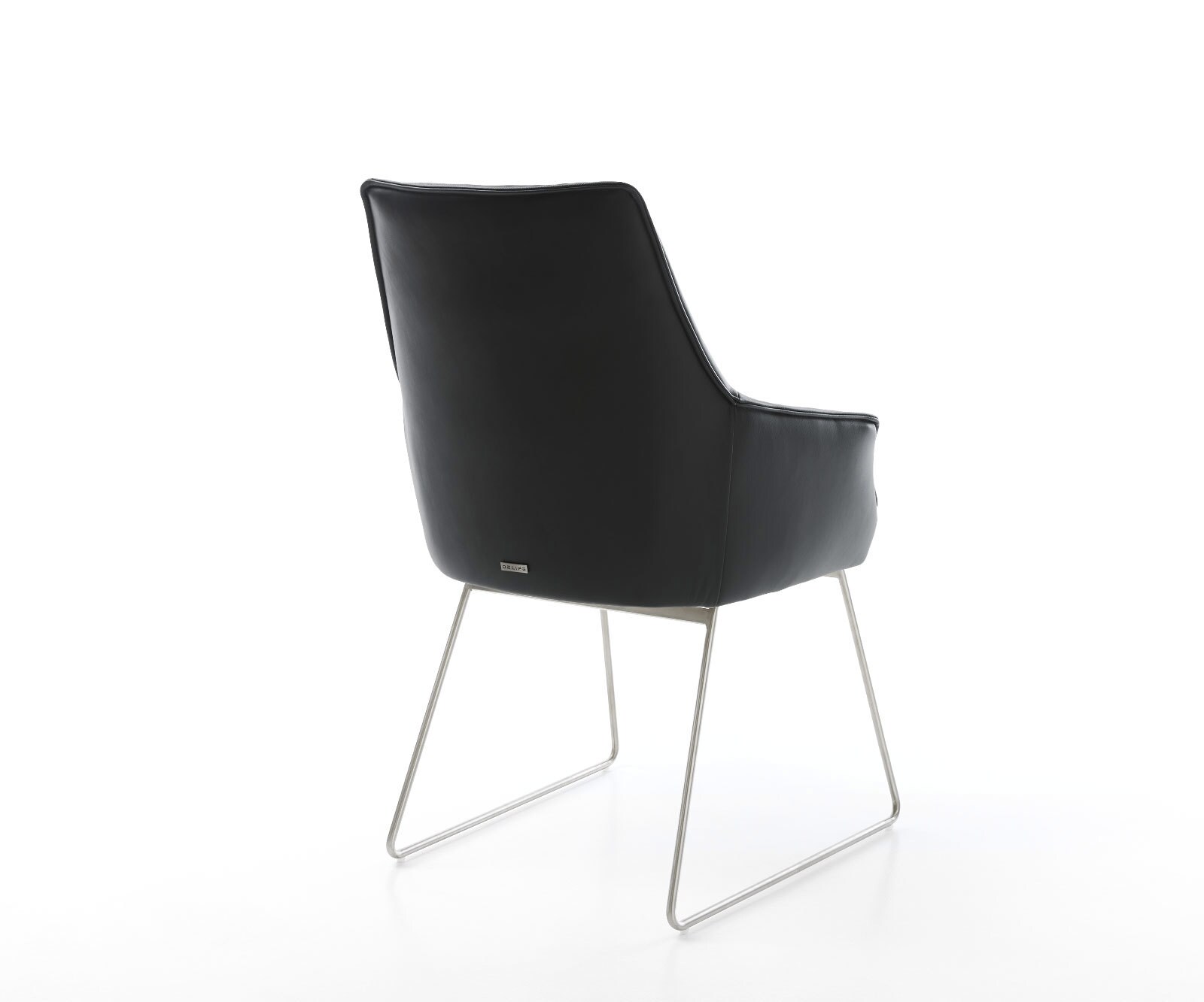 Chaise-de-salle-à-manger Alja-Flex avec accoudoirs cuir de vache noir pied trapèze acier inoxydable brossé ressorts ensachés 5