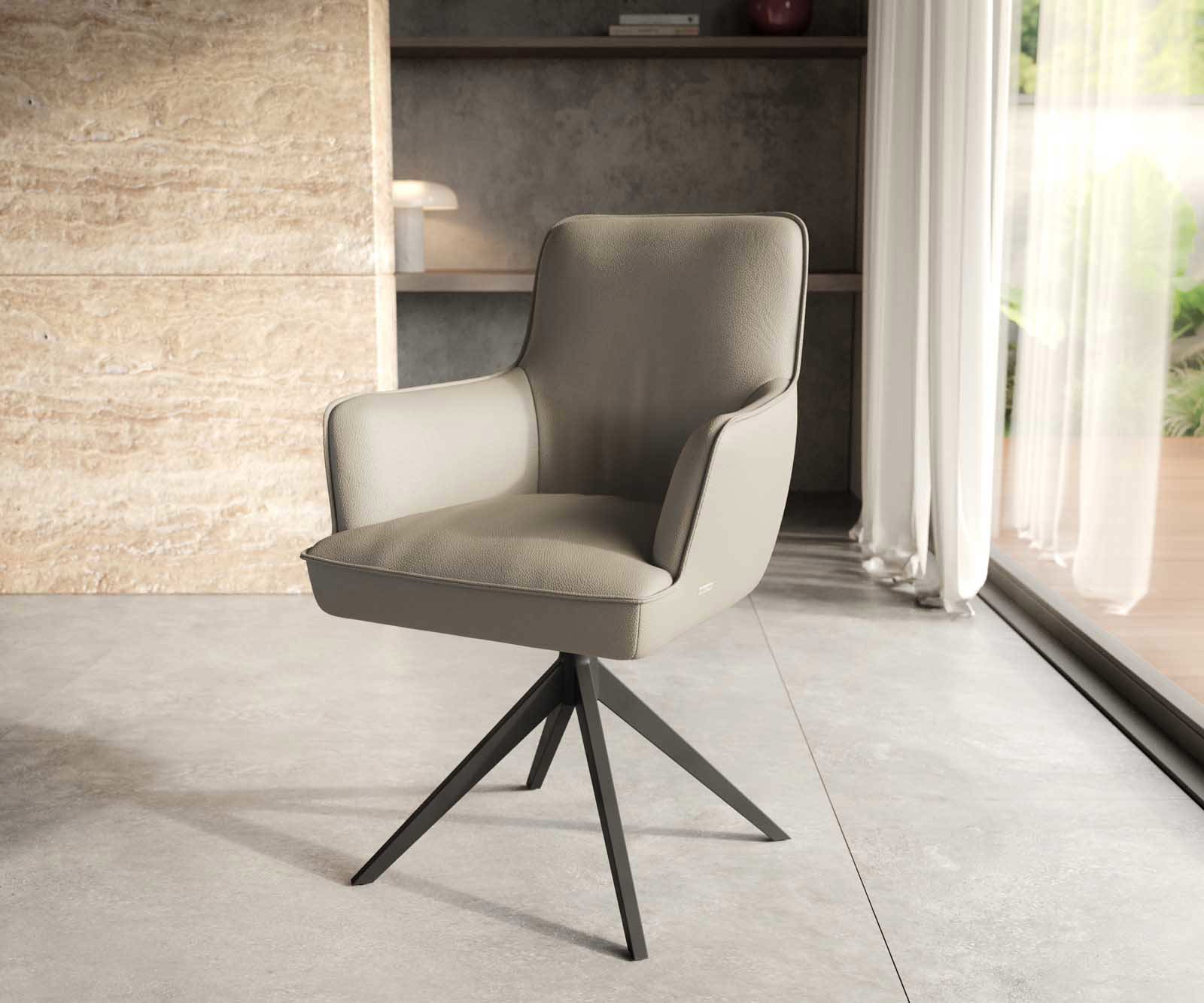 Chaise-pivotante Heira-Flex avec accoudoirs cuir de vache couleur boue pied croisé large noir pivotement sur 360° ressorts ensachés Chaise-pivotante Heira-Flex avec accoudoirs cuir de vache couleur boue pied croisé large noir pivotement sur 360° ressorts ensachés