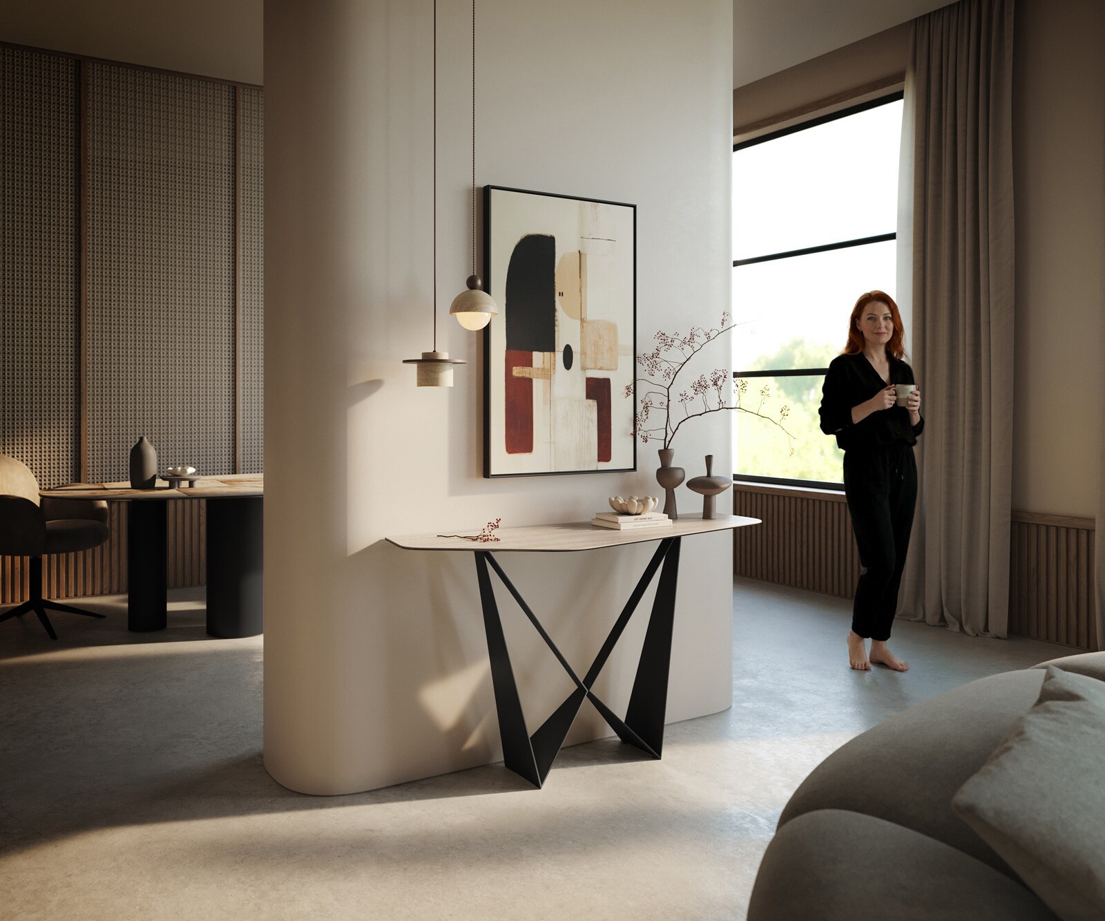 Console Edge Polygonal 140x50 cm Céramique Laminam® Travertino Bianco Creme-Weiß Spios Métal Noir 6