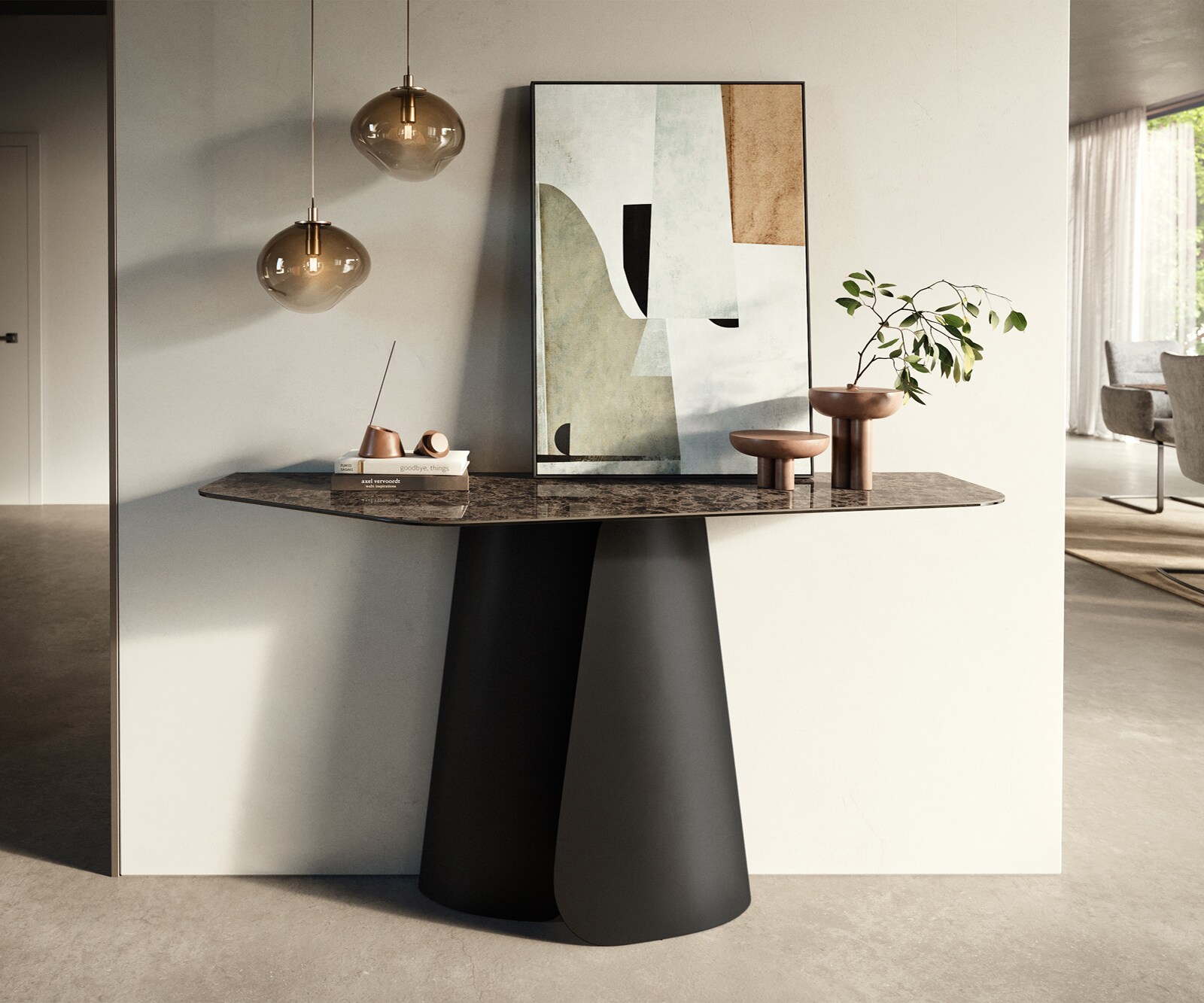 Console Edge Polygonal 140x50 cm Céramique Emperador Extra Lucidato Dunkelbraun Livos Métal Noir