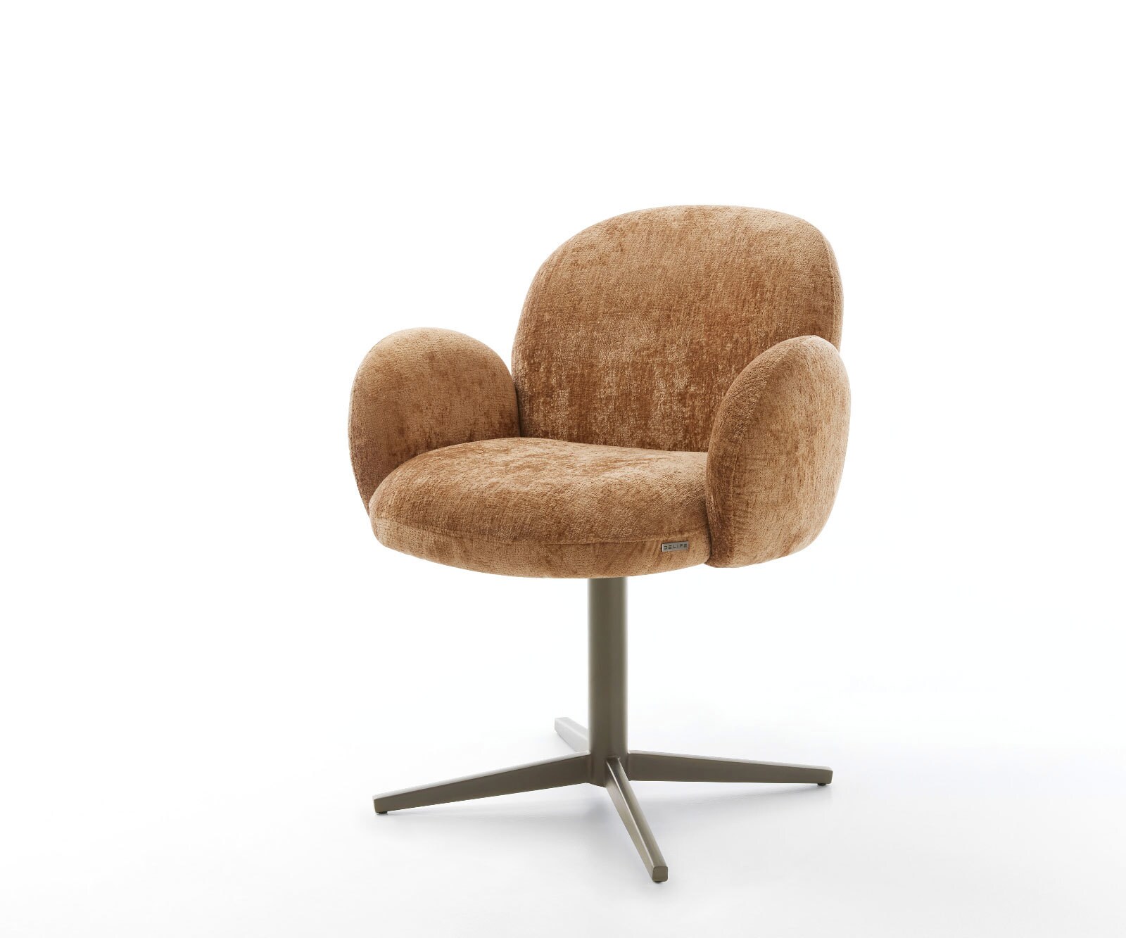 Chaise-pivotante Nube-Flex avec accoudoirs chenille rouille pied de chaise 4 branches aspect titane pivotement sur 360° ressorts ensachés