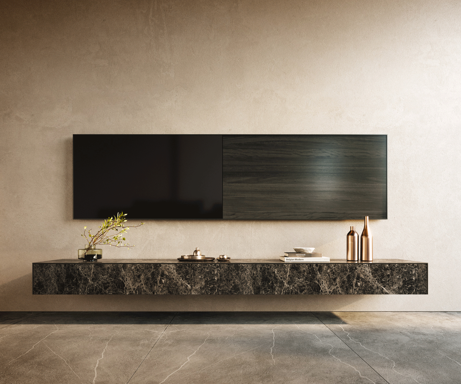 Meuble-TV Cuor 250 cm Céramique Laminam® Emperador Extra Lucidato brun foncé 1 Clapet 1 Tiroir Flottant 2
