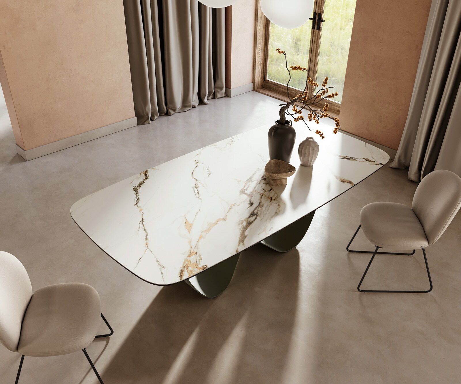 Table à manger Edge Boot 240x120cm céramique Calacatta Luxe blanc-doré-gris Infinity métal effet titane 4