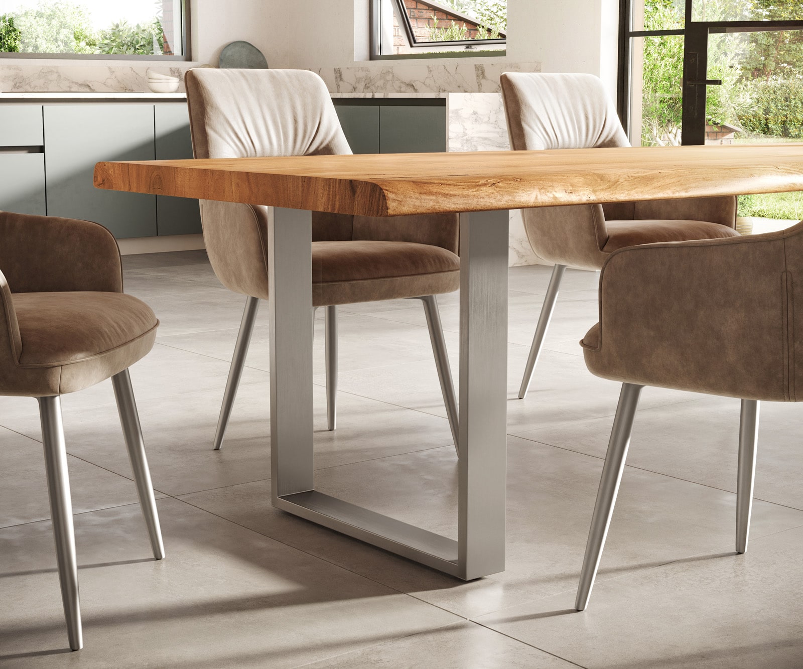 Table-à-manger Edge 300x100 XL acacia nature acier inoxydable mince Live-Edge 6