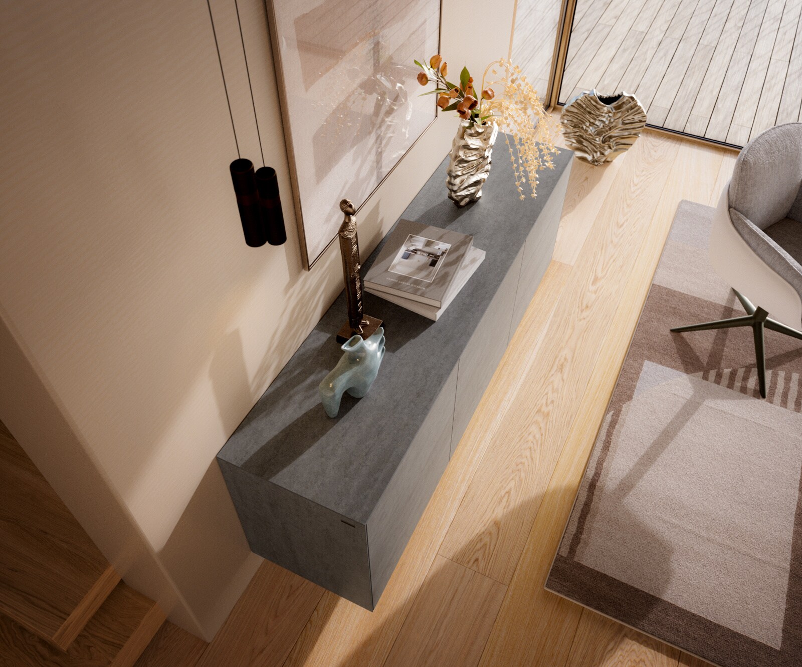 Buffet Cuor 180 cm Céramique Béton gris 2 Portes 3 Tiroirs Pied optique flottant Métal Noir 4