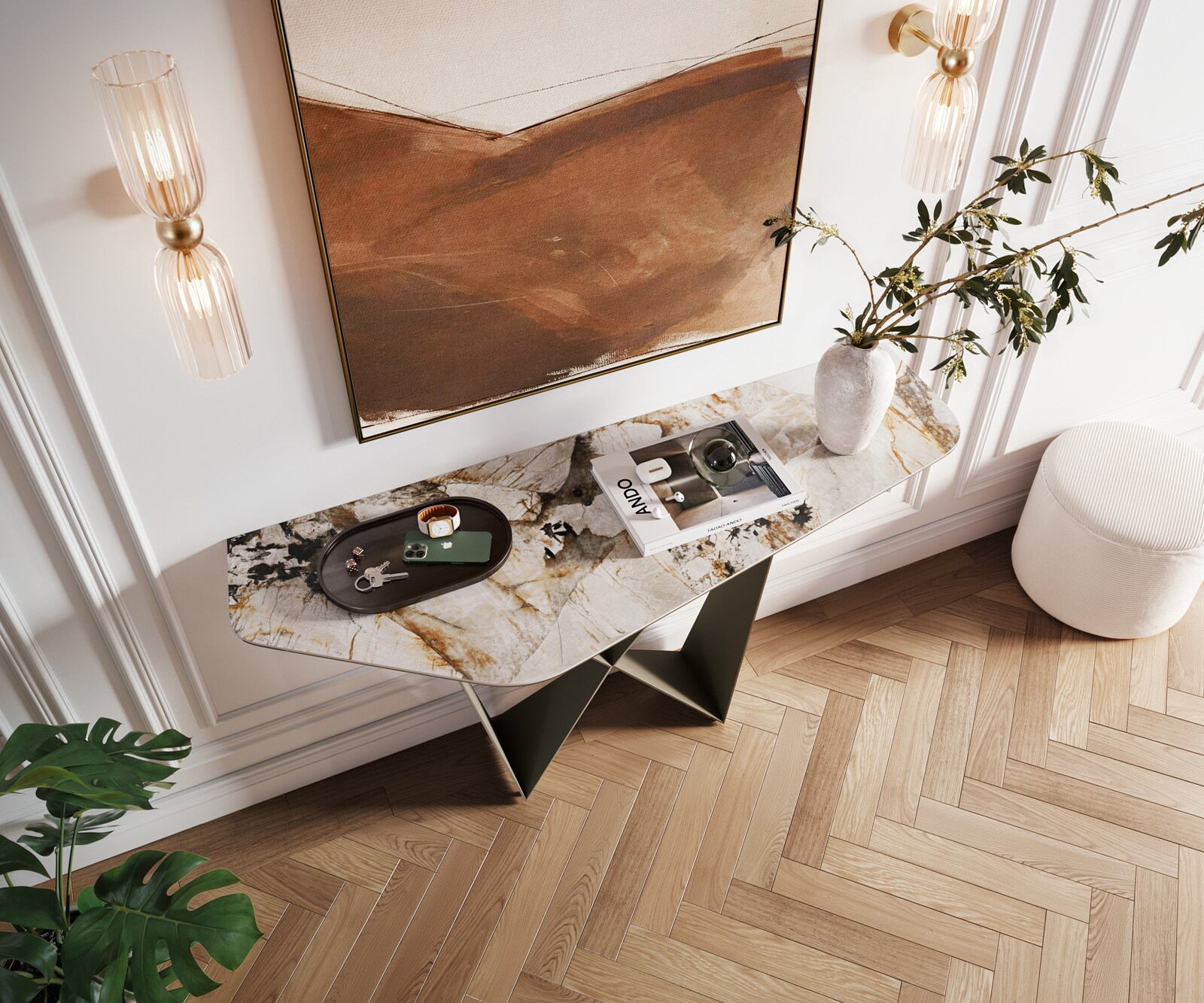 Console Edge Polygonal 140x50 cm Céramique Patagonia Poliert Spios Métal Effektfinish Titan 1