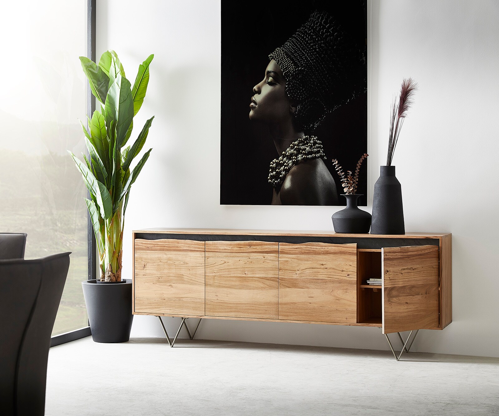 Commode Stonegrace 200x45 cm acacia nature 4 portes tronc d'arbre 3