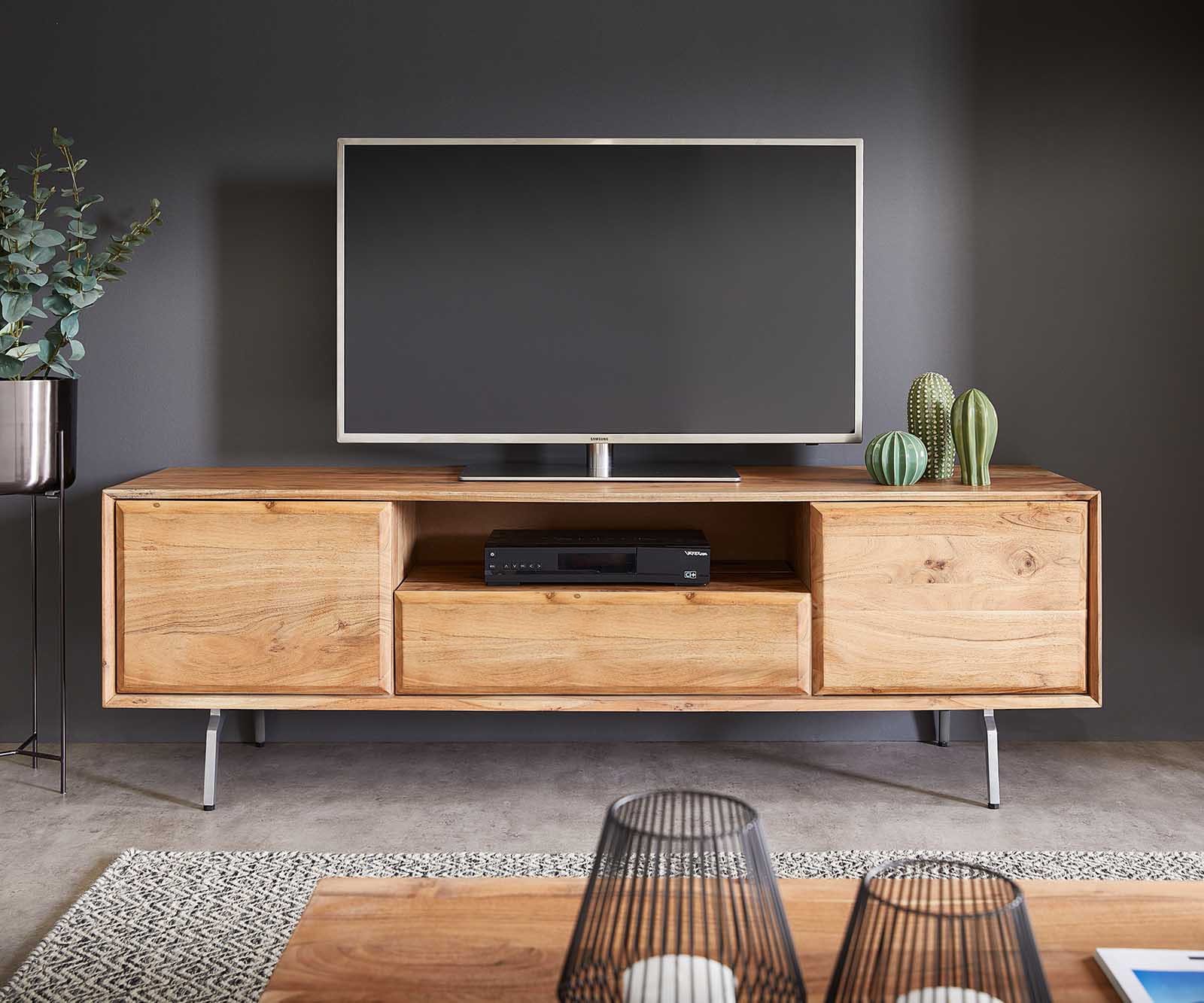 Meuble-TV Shari 160 cm acacia naturel 2 portes 1 tiroir 1 compartiment pied équerre inoxydable 1 Meuble-TV Shari 160 cm acacia naturel 2 portes 1 tiroir 1 compartiment pied équerre inoxydable 1