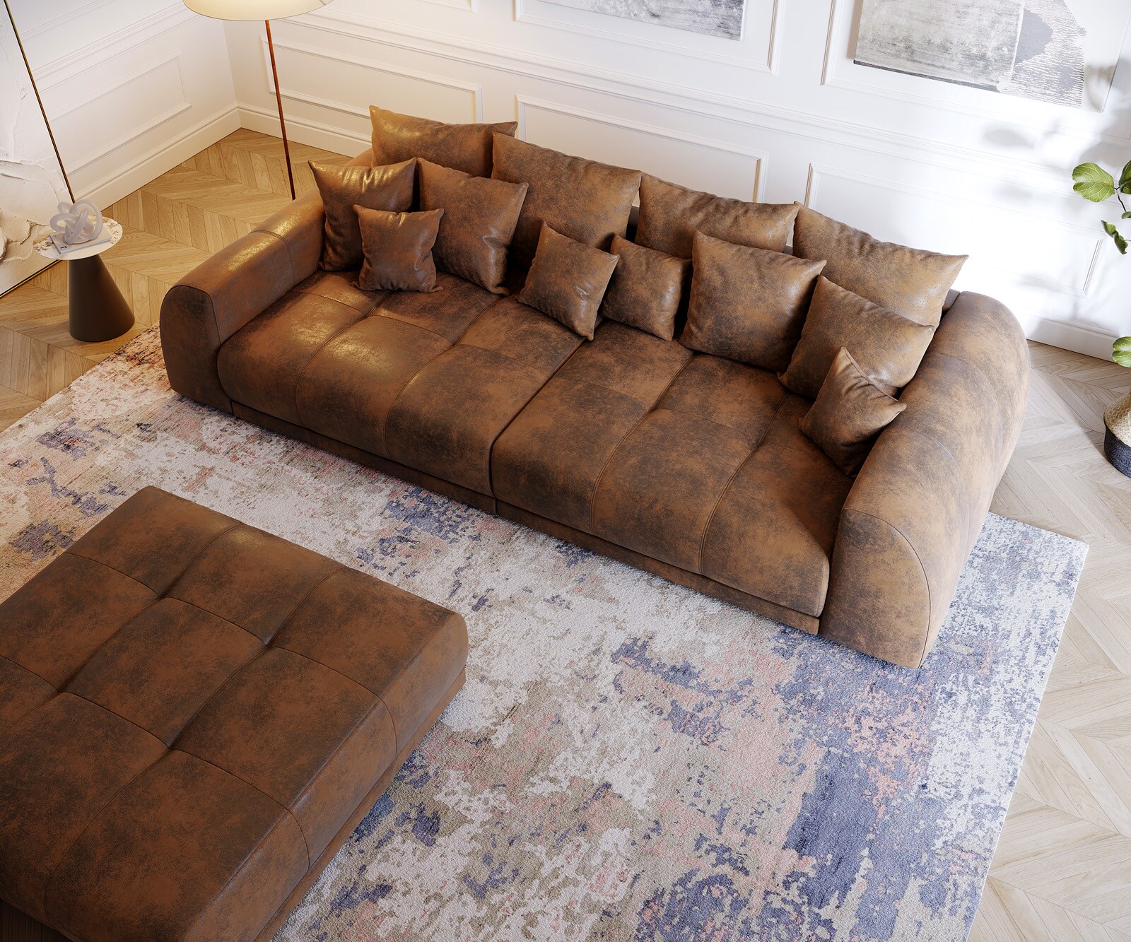 Canapé Violetta 310x135 marron aspect antique coussin tabouret bigsofa 3
