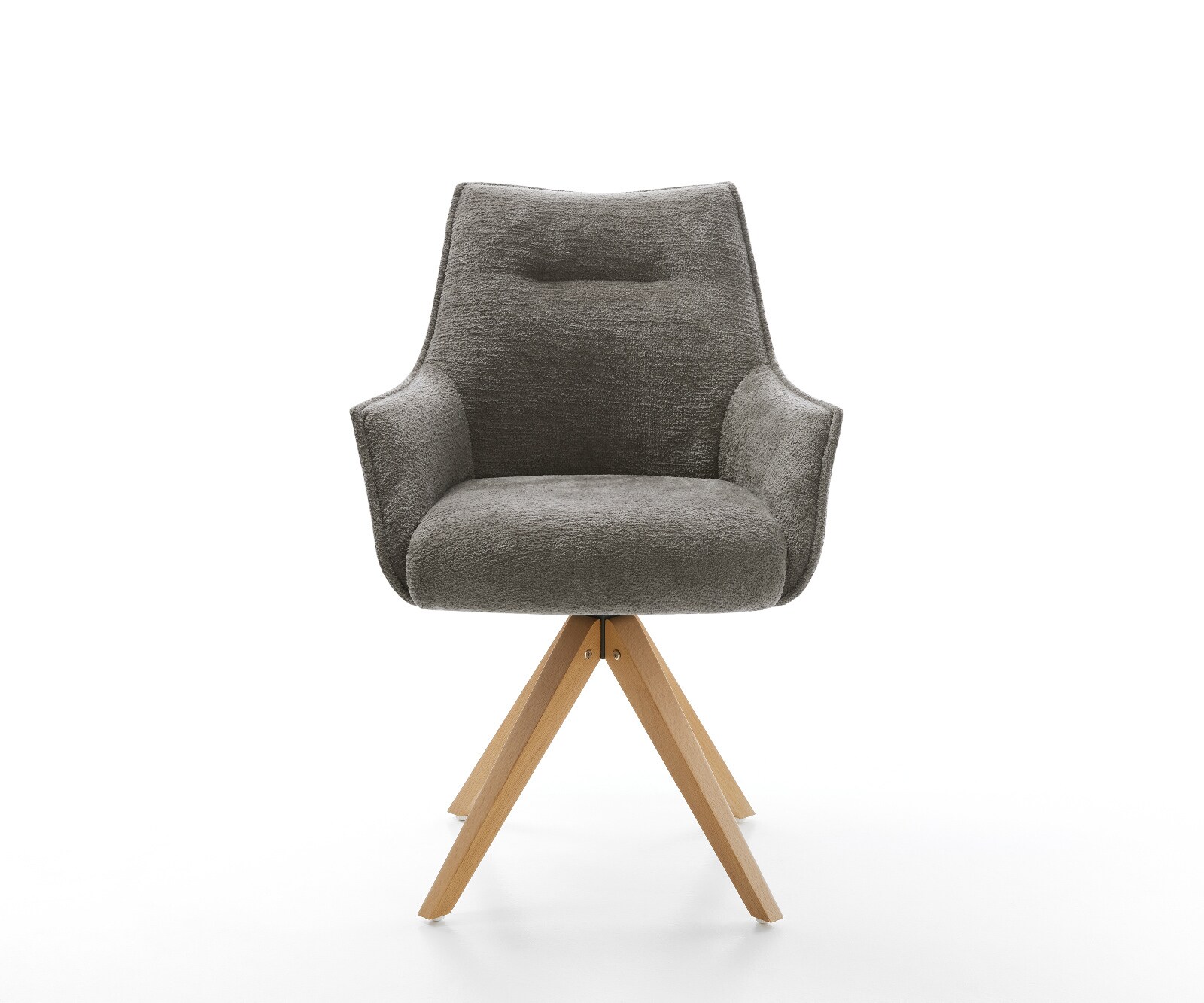 Chaise-pivotante Alja-Flex avec accoudoirs bouclé doux couleur boue pied en bois angulaire naturel pivotement sur 180° resorts ensachés 1