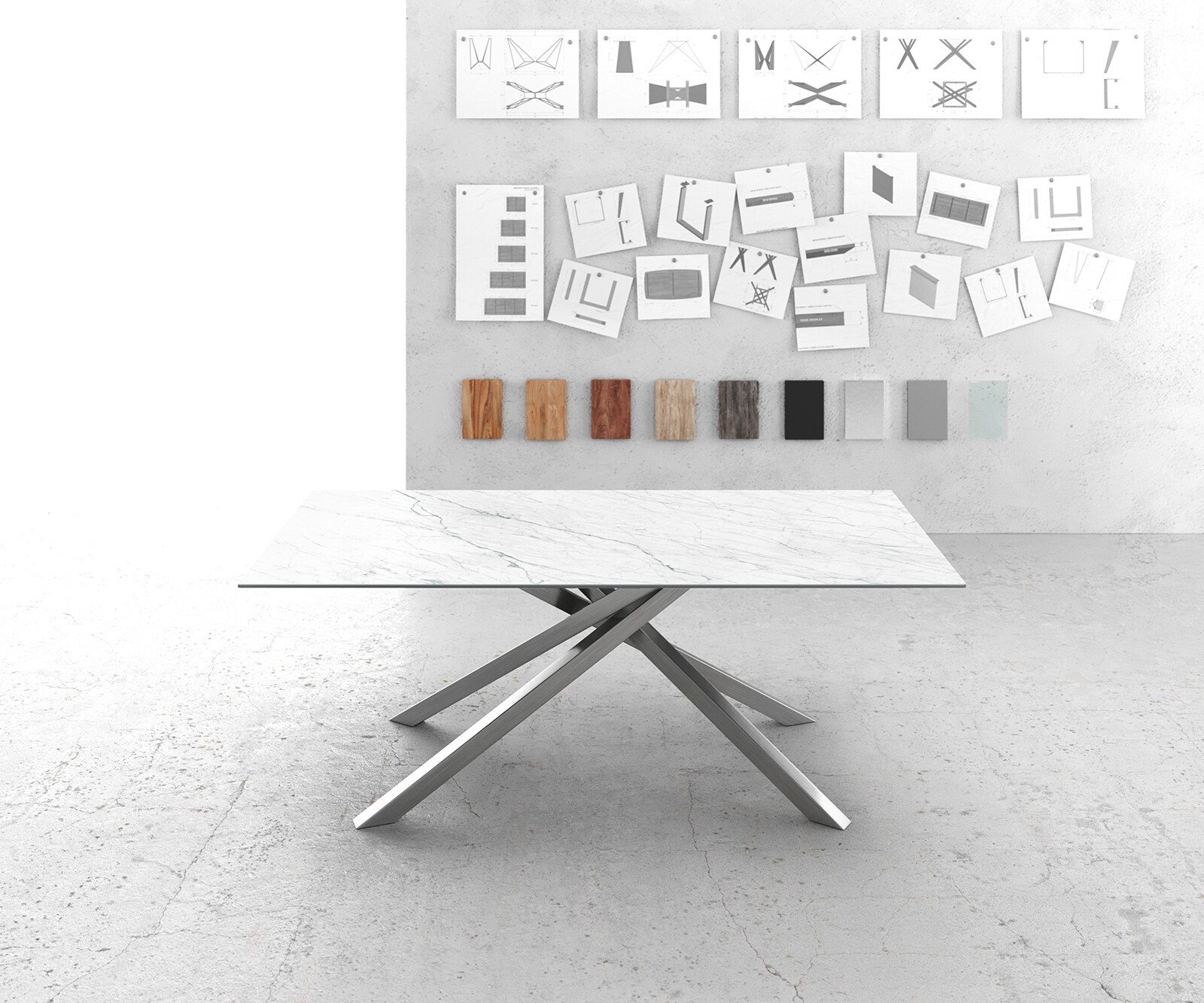 Table-à-manger Edge 200x100cm Laminam® céramique blanc pieds milieu croisé argent 4 Table-à-manger Edge 200x100cm Laminam® céramique blanc pieds milieu croisé argent 4