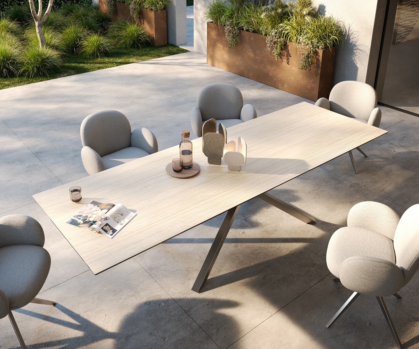 Table d’extérieur Edge 300x100 cm céramique Laminam® Travertino Bianco blanc crème piètement croisé rectangulaire en acier inoxydable 3