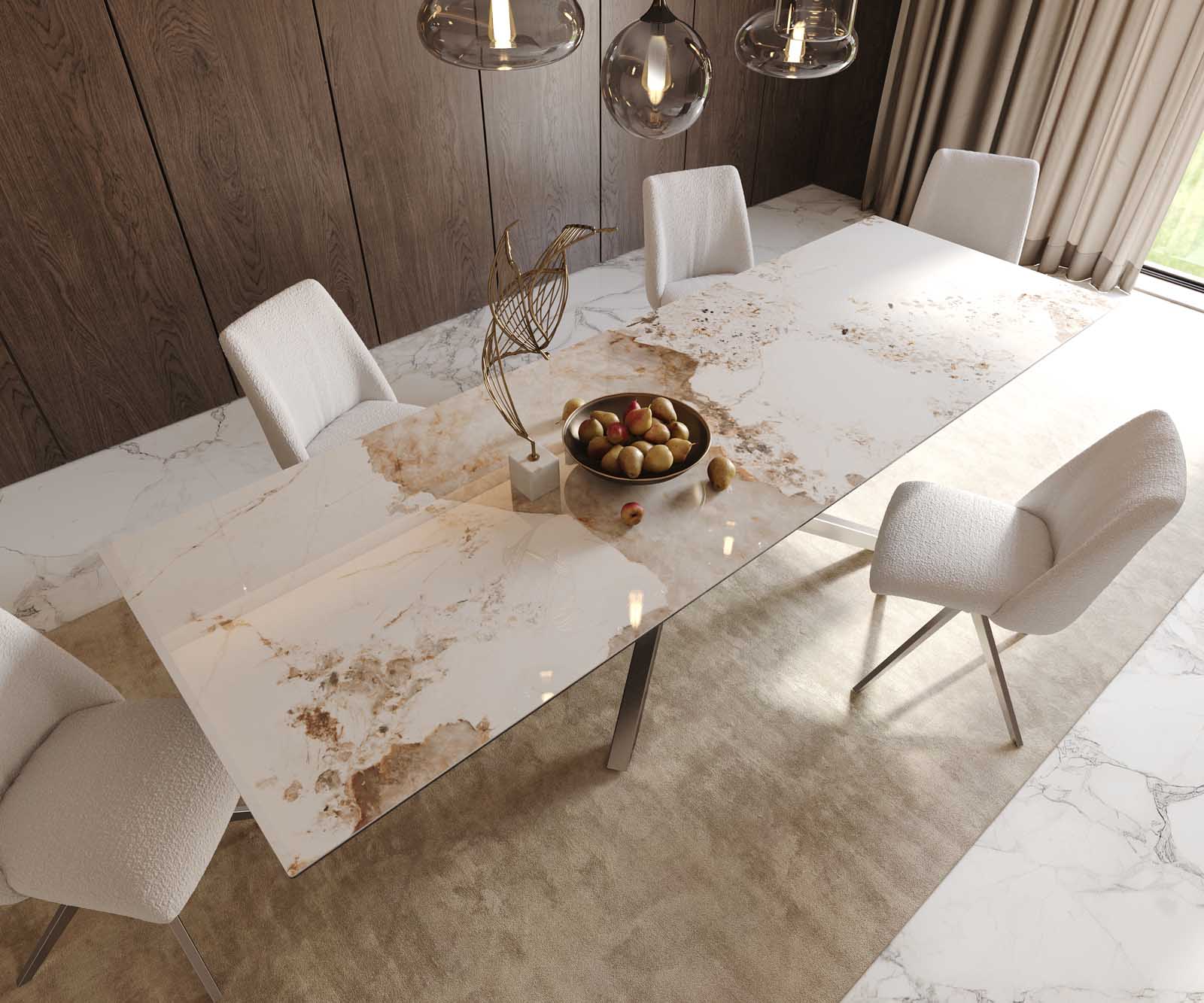 Table à manger Edge 300x100 céramique Minas mélange blanc-beige cadre croisé rectangulaire acier inoxydable 6