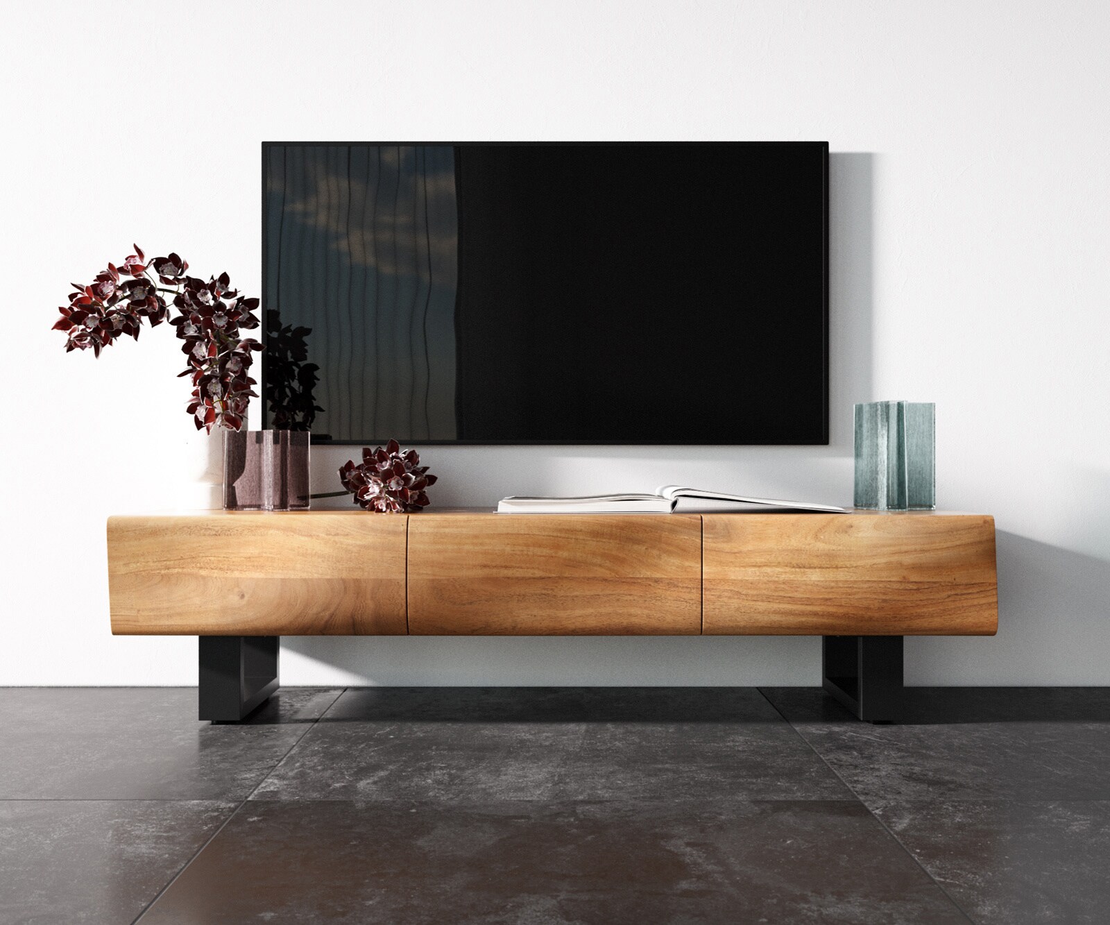 Meuble - TV New Live-Edge 145 cm acacia naturel 3 portes patin métal noir 3