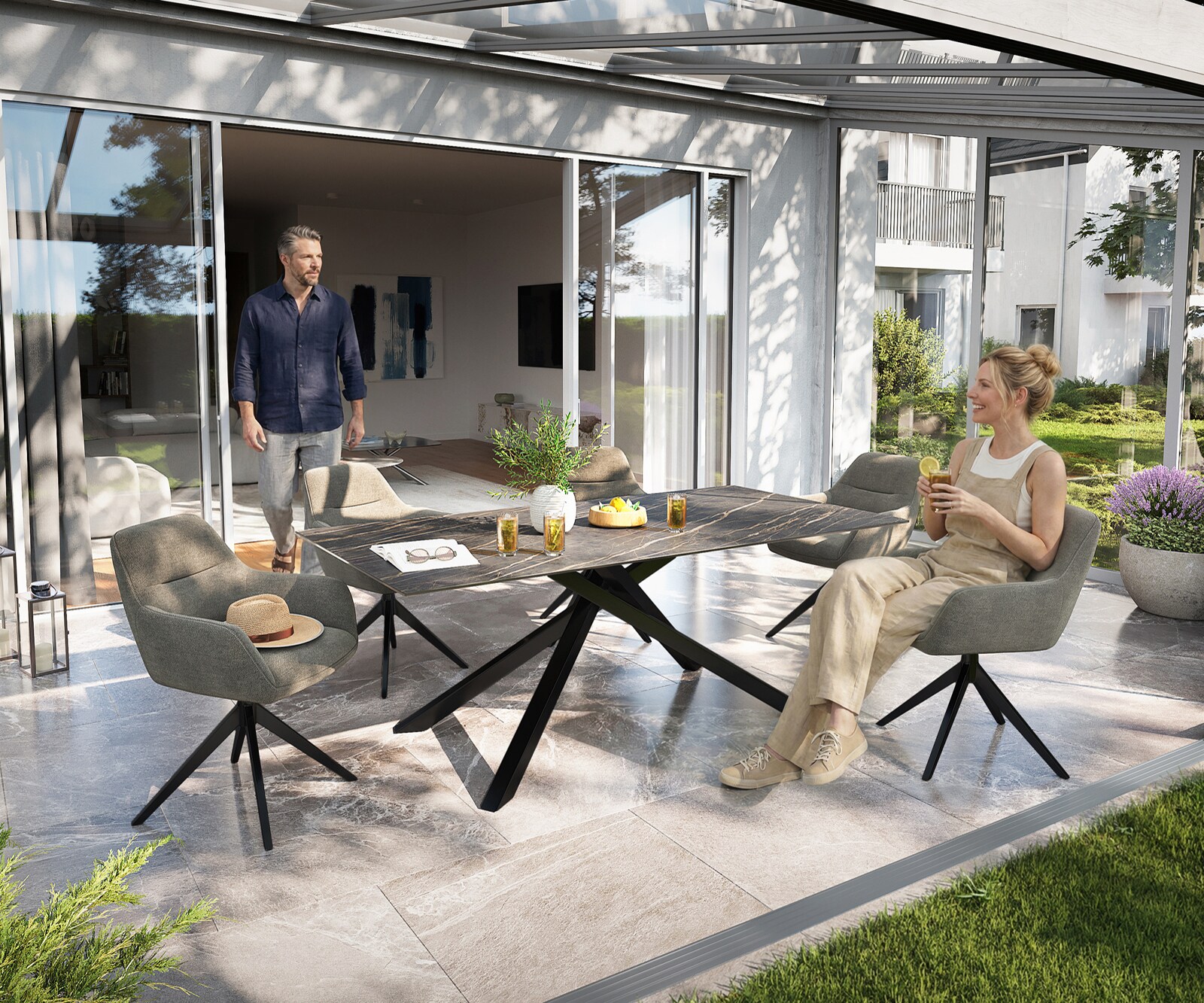 Table d’extérieur Edge 200x100 cm céramique Laminam® Noir Desir brun piètement croisé rectangulaire noir 5
