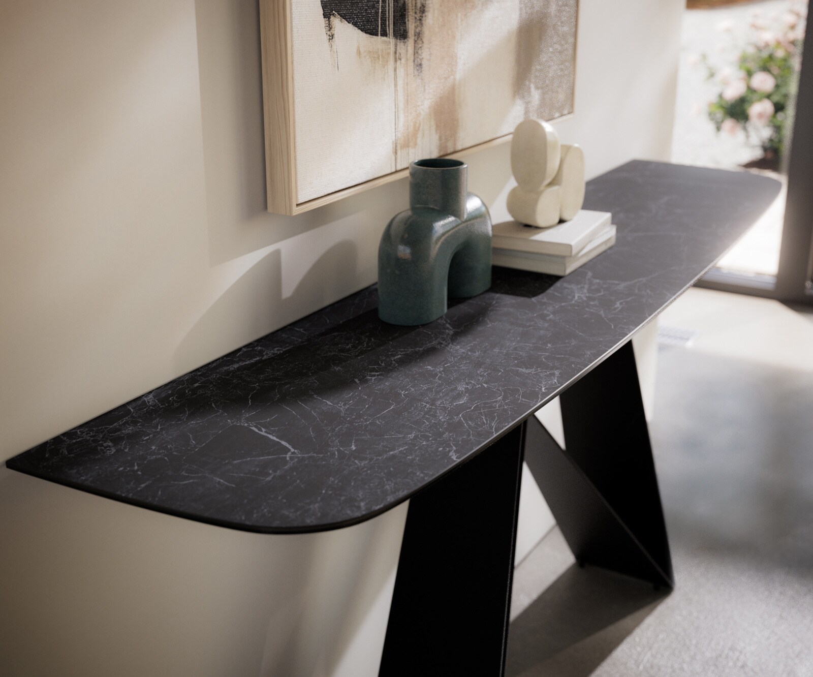 Console Edge forme bateau 180x40 cm Céramique Laminam® Nero Greco Anthrazit Velio Métal Noir 2