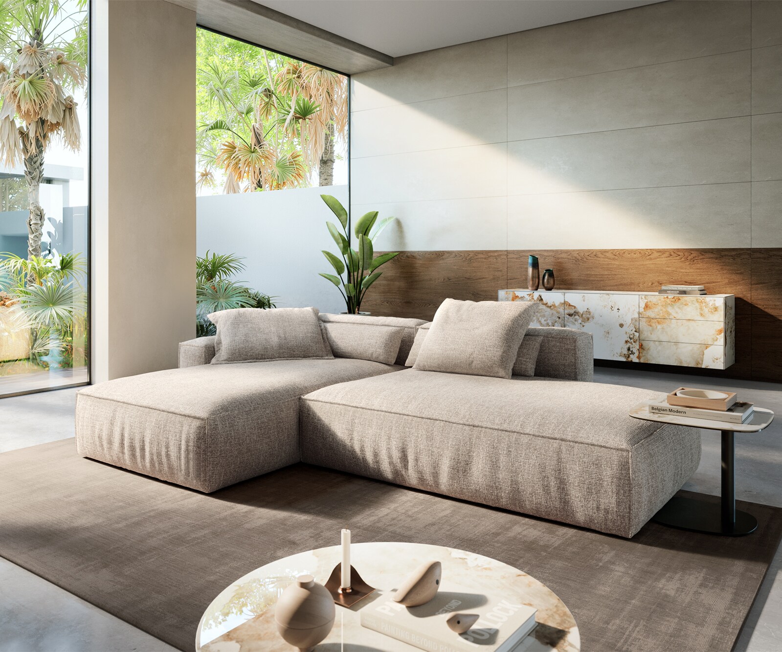 Canapé d'angle Freestyle 310x200 cm Tissu tissé doux Beige couture passepoilée 3