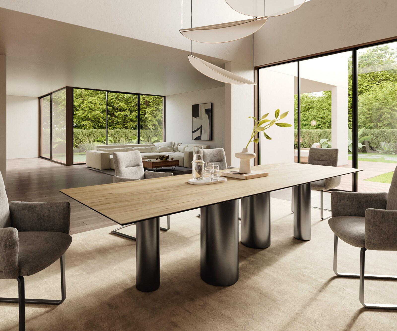 Table à manger Edge 300x100 Céramique Laminam® Sabbia Couleur chêne Pilier Acier inoxydable Graphite 1