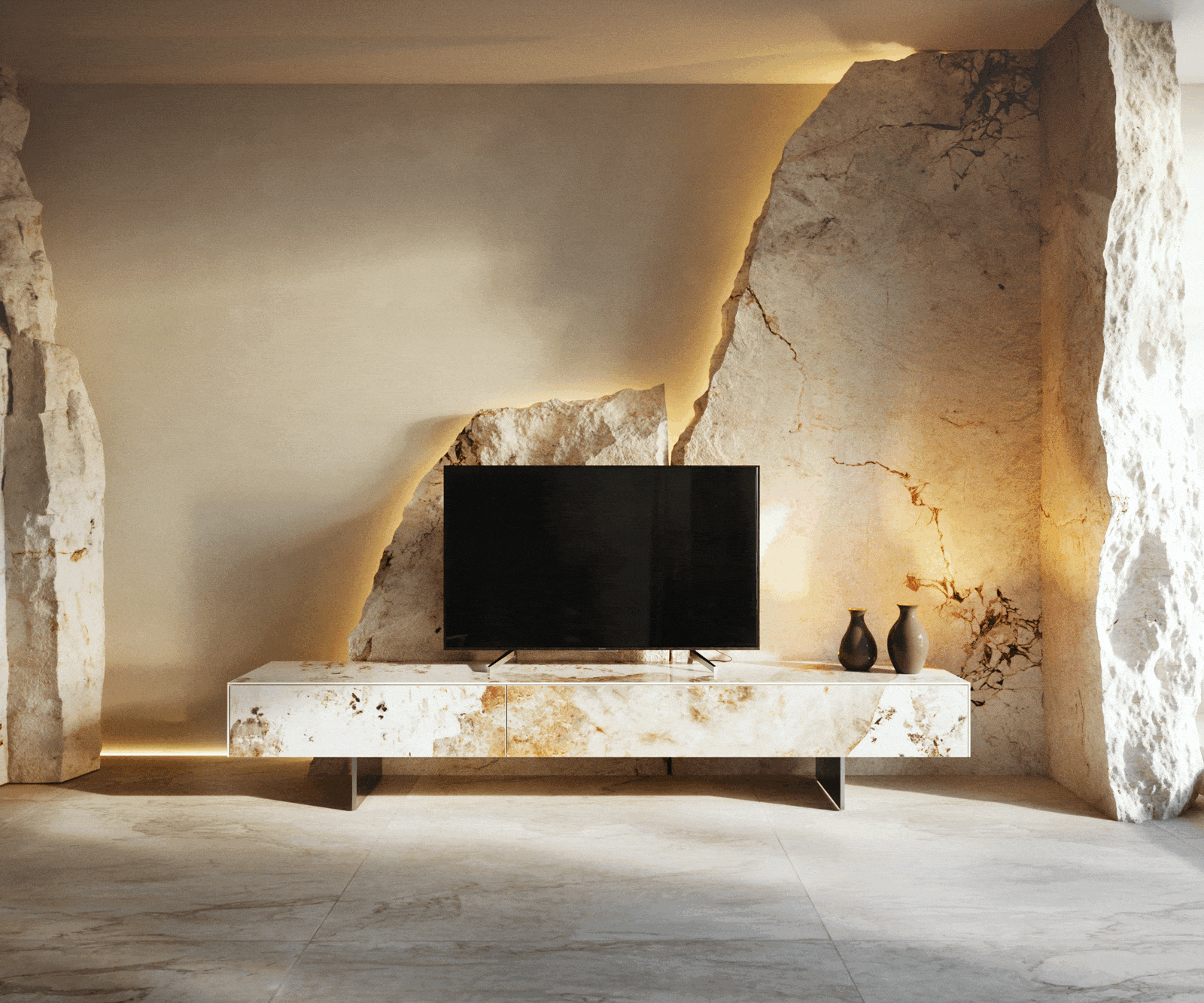 Meuble-TV Cuor 200 cm Céramique Minas Melange Blanc-beige 1 Clapet 1 Tiroir Pied optique flottant Ancier inoxydable 5