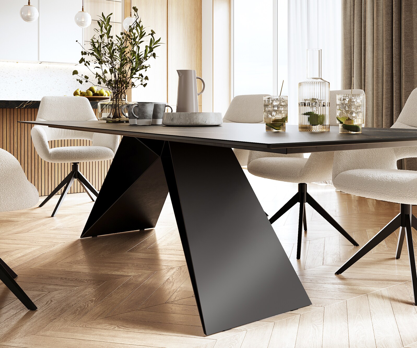 Table-à-manger Edge 300x100cm Laminam® céramique marron V-pieds milieu noir 4
