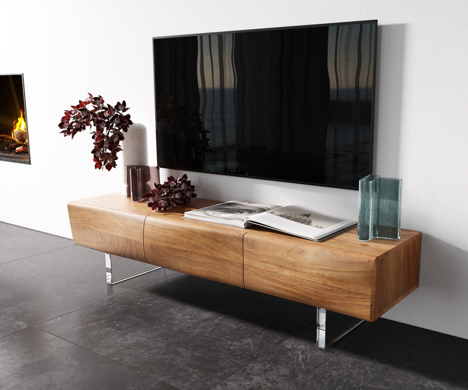 Meuble - TV New Live-Edge 145 cm acacia naturel 3 portes pied acrylique