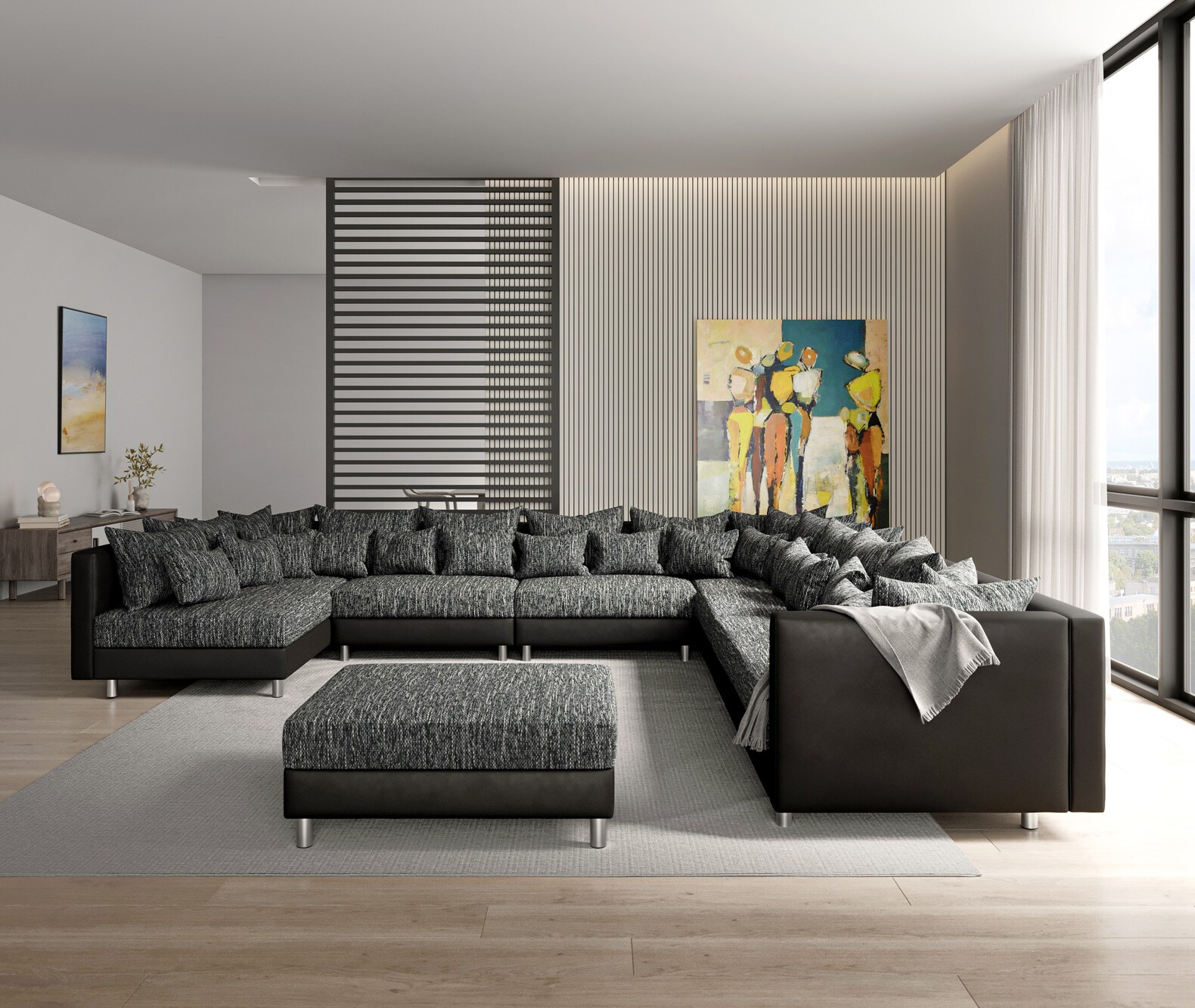 Canapé-panoramique Clovis XXL noir modulable tabouret poufs droite 3