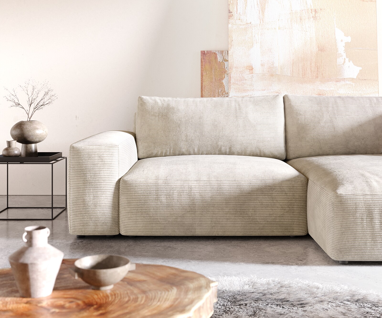Canapé d'angle Lanzo XL 270x180 cm Velours côtelé Beige Recamière variable 4