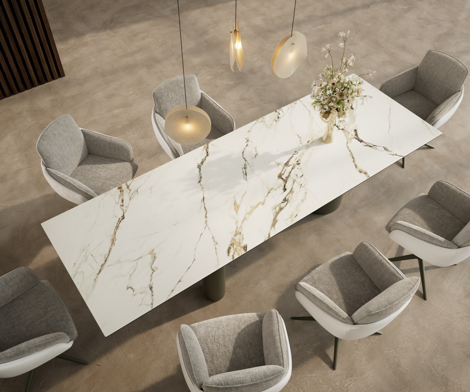 Table à manger Edge 300x100 Céramique Calacatta Luxe Blanc-Doré-Gris Troa Métal finition à effet Titane 3