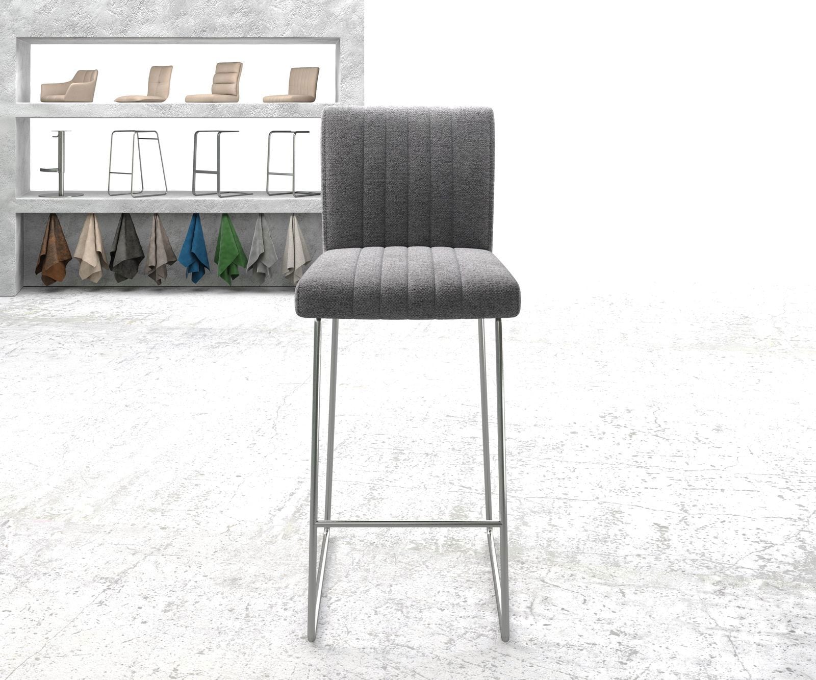 Chaise-de-bar Luiga-Flex tissu texturé gris clair cadre de patins acier inoxydable 1 Chaise-de-bar Luiga-Flex tissu texturé gris clair cadre de patins acier inoxydable 1