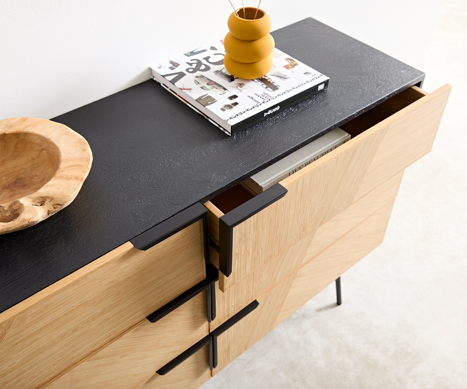 Buffet Mikkusu 140 cm bambou naturel manguier noir 6 tiroirs métal noir 4