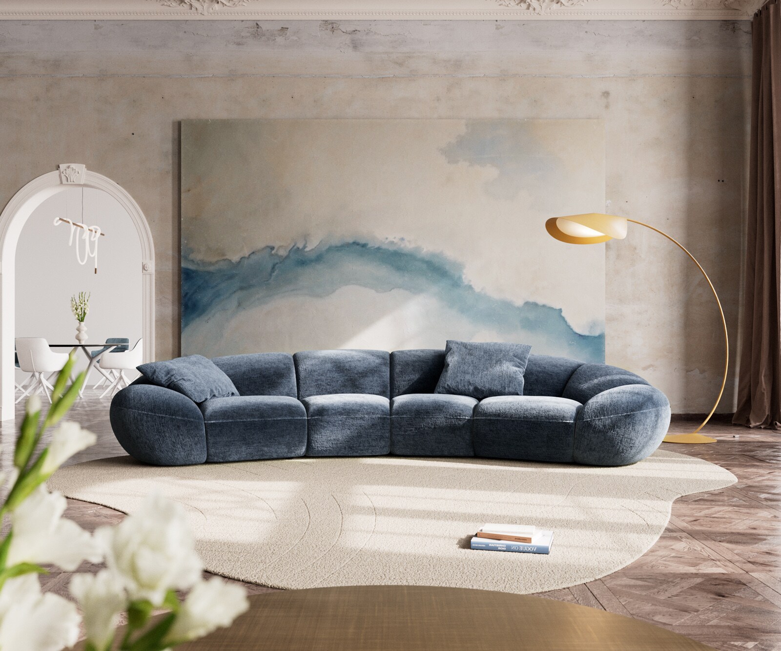 Grand canapé Lunna 360x175 cm chenille bleu 2 coussins 1