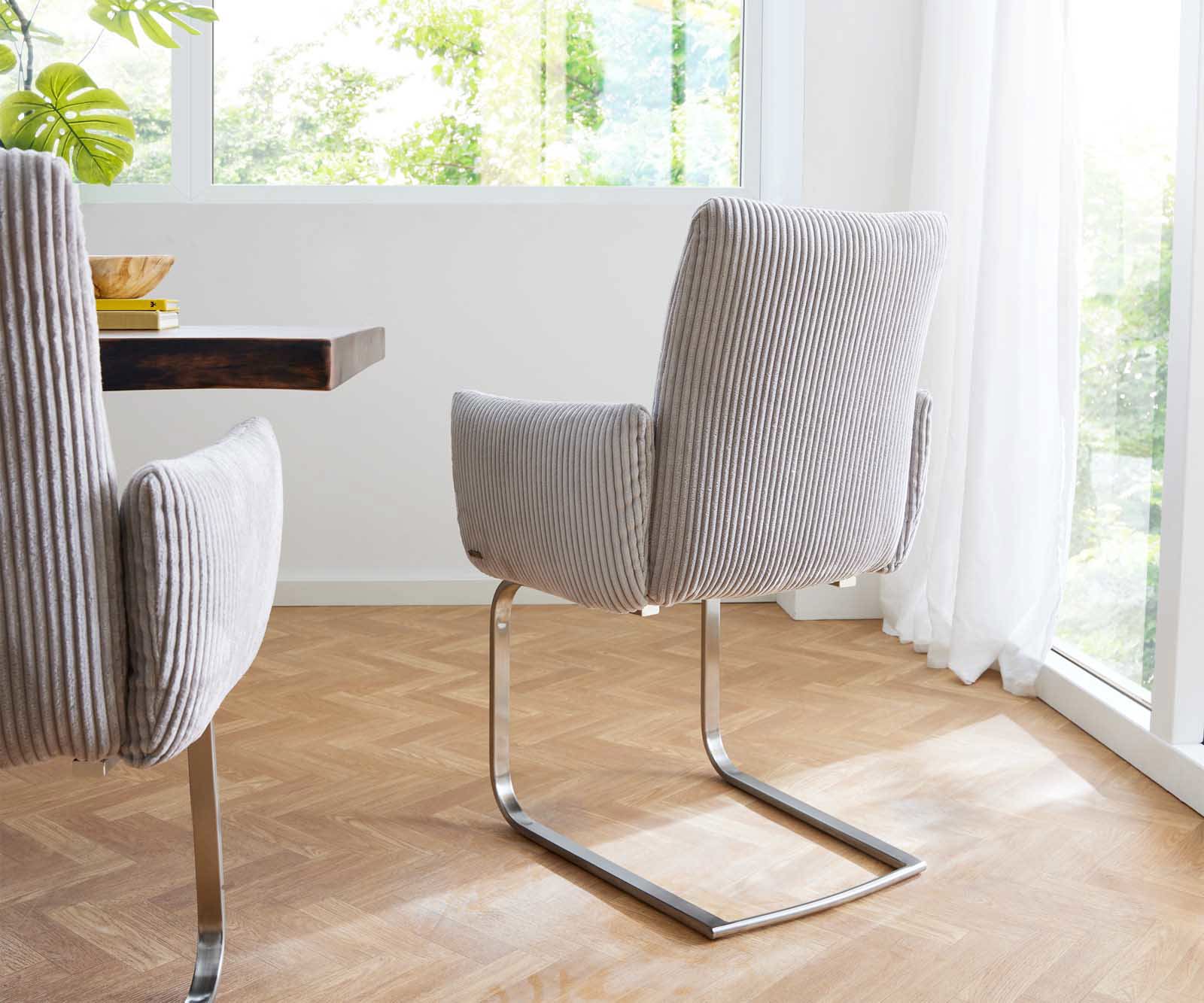 Cantilever Jova-Flex avec accoudoirs côtelé gris argenté pied cantilever plat acier inoxydable brossé ressorts ensachés 4 Cantilever Jova-Flex avec accoudoirs côtelé gris argenté pied cantilever plat acier inoxydable brossé ressorts ensachés 4
