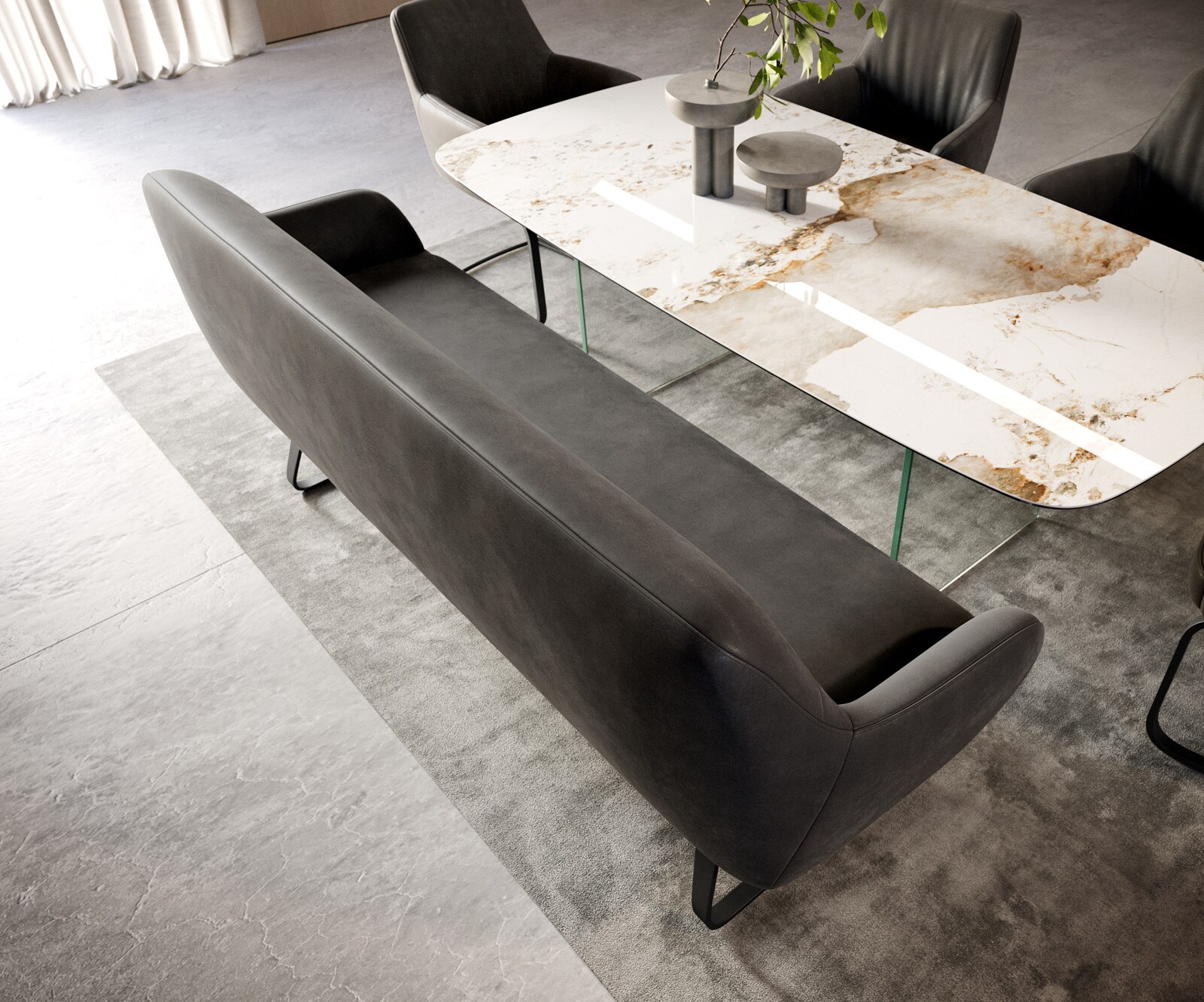 Banc-de-salle-à-manger Taya-Flex 200 cm microfibre antracite vintage châssis à patins plat noir ressort ensaché 3