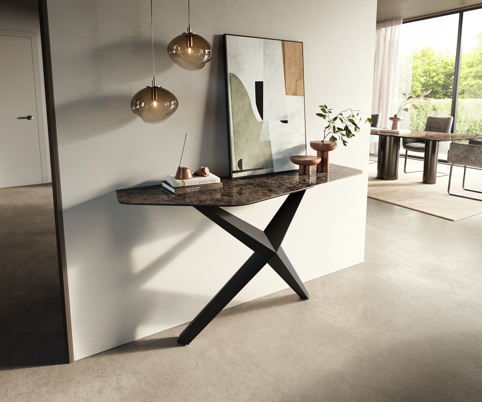 Console Edge Polygonal 140x50 cm Céramique Emperador Extra Lucidato Dunkelbraun Zentharo Métal Noir 3