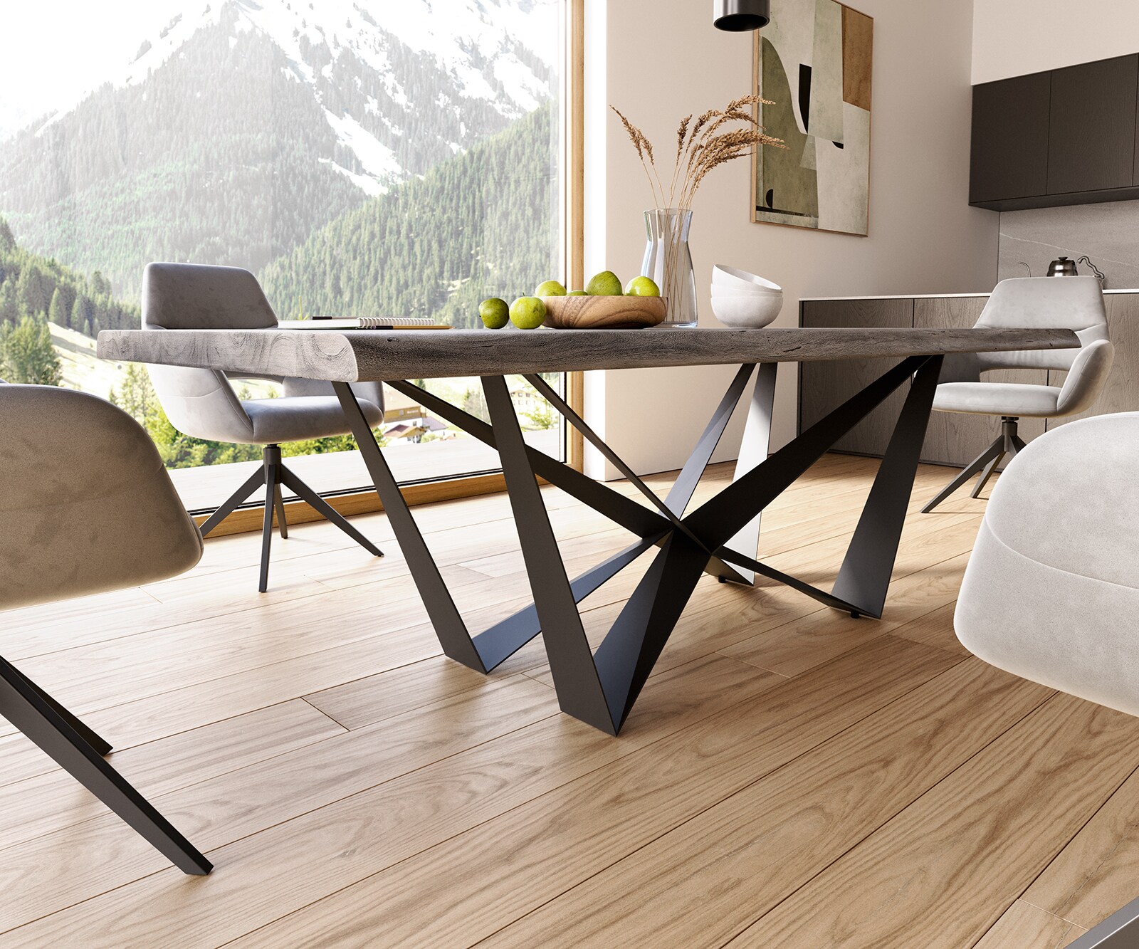 Table à manger Edge 220x100 XL acacia platine Spider acier plat noir Live-Edge 6
