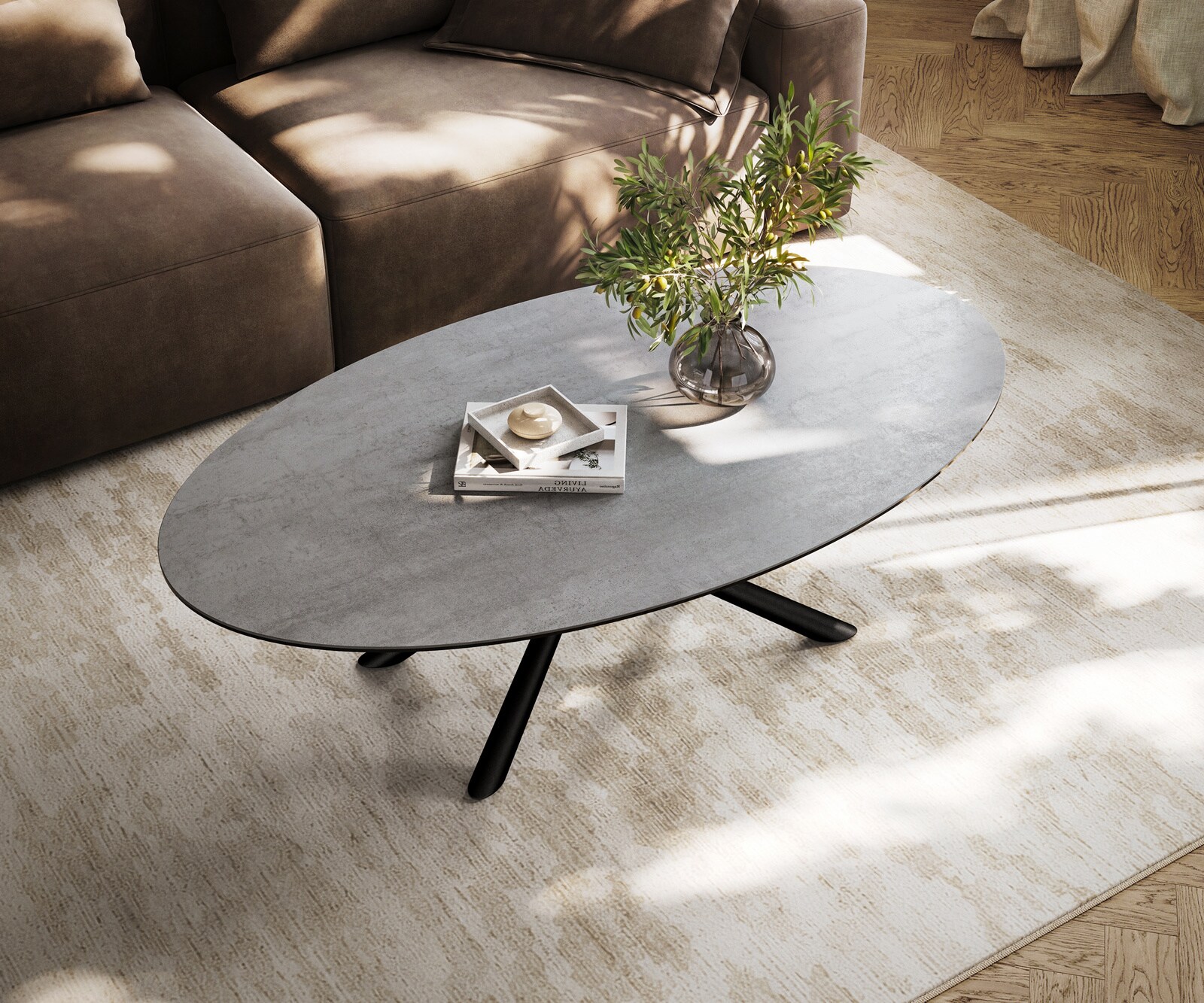 Table basse Edge ovale 140x80 cm céramique béton gris Sarity métal noir 4