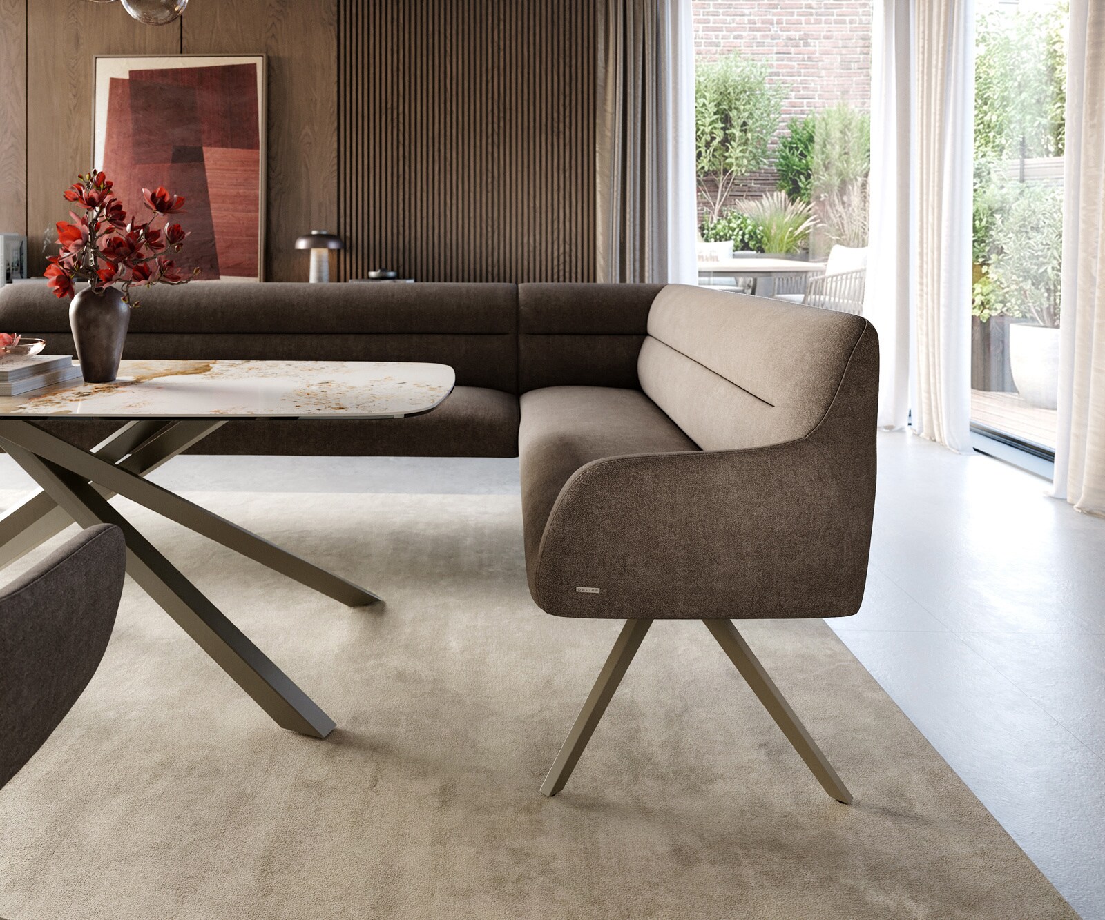 Banc-de-salle-à-manger Taya-Flex 285x190 cm tissu structuré doux taupe pied croisé angulaire titane ressort ensaché liens 5