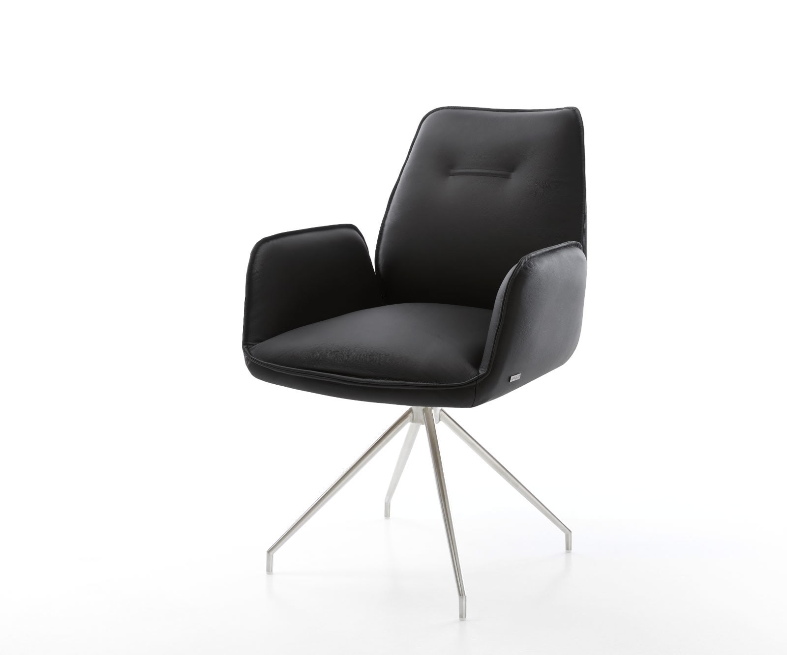 Chaise-de-salle-à-manger Zoa-Flex cuir de vache noir pied croisé conique acier inoxydable brossé ressorts ensachés